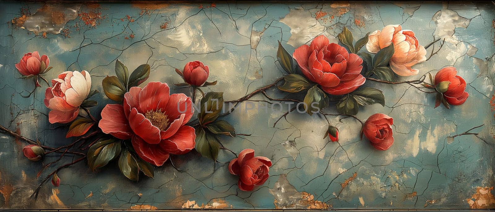 Vintage painting depicting large flowers with delicate leaves. Selective soft focus.