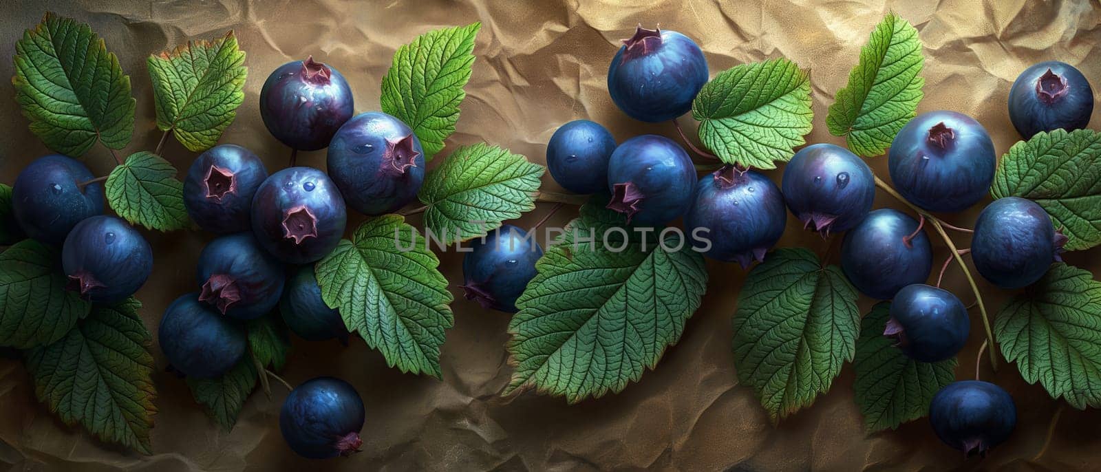 Blackcurrant berries and green leaves on wrinkled paper. by Fischeron
