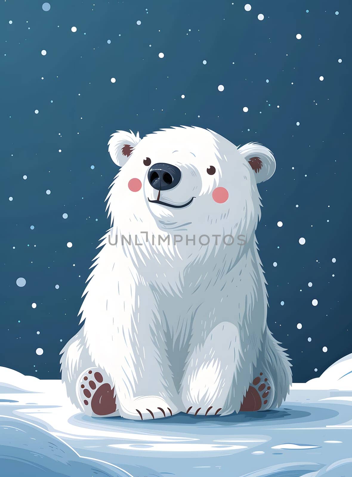 The Vertebrate, Polar bear, a Carnivore mammal, is sitting in the freezing snow, smiling. Its a terrestrial animal native to the Polar ice cap, not a toy