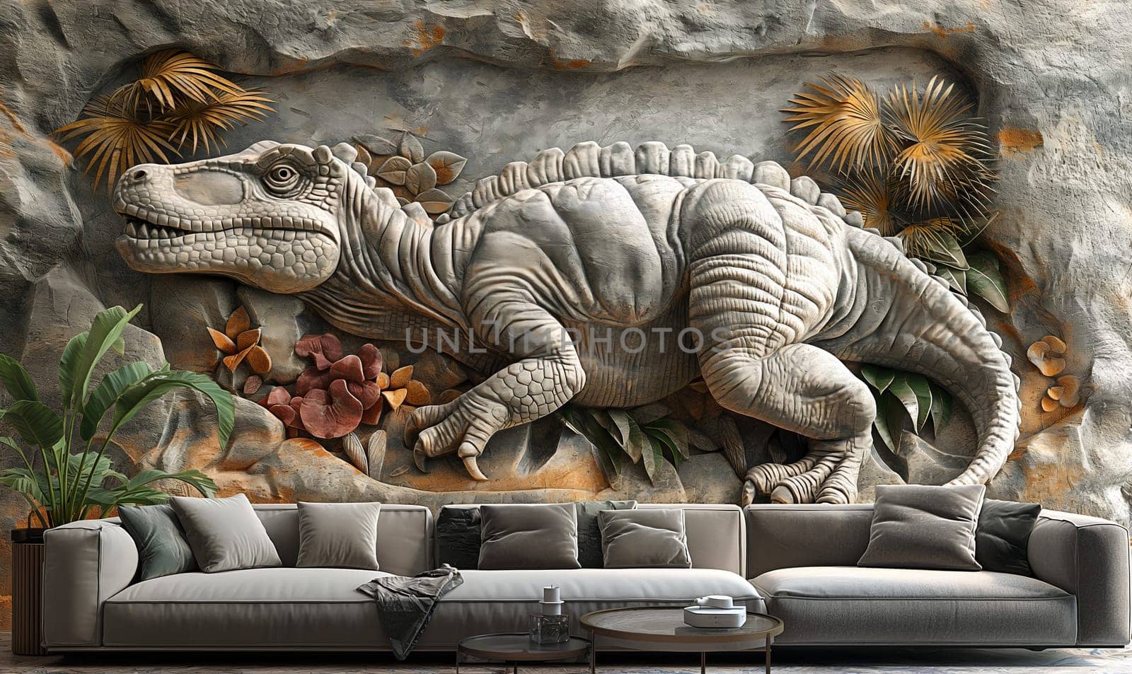 3d wallpaper, dinosaur made of stone on the wall in the room. by Fischeron