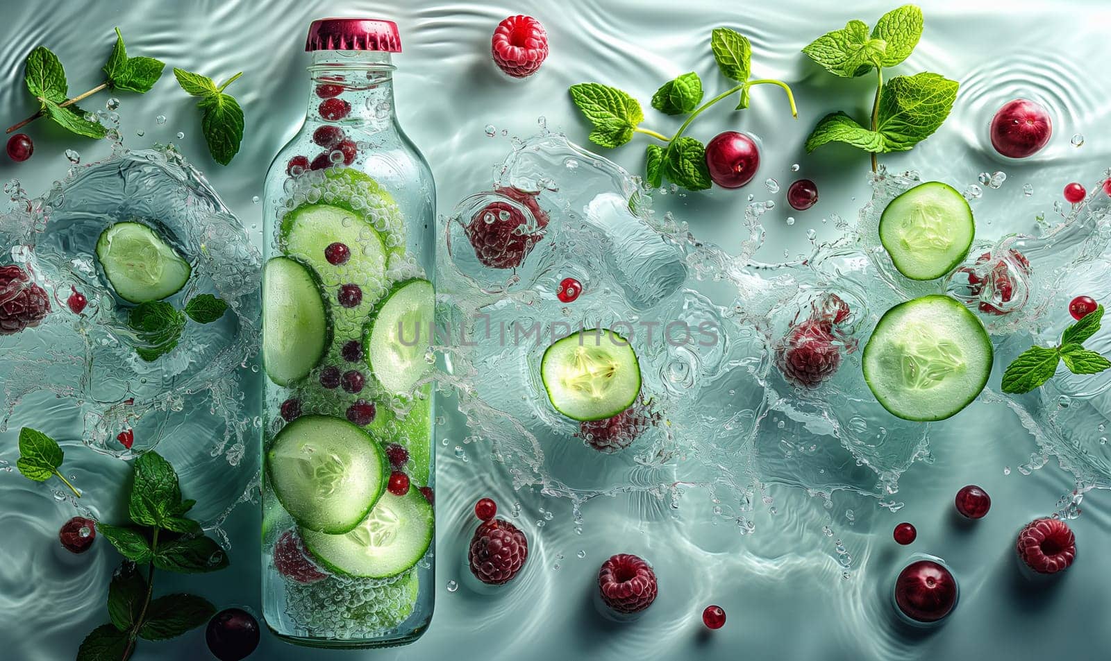 Glass Bottle Filled With Cucumbers and Berries. by Fischeron