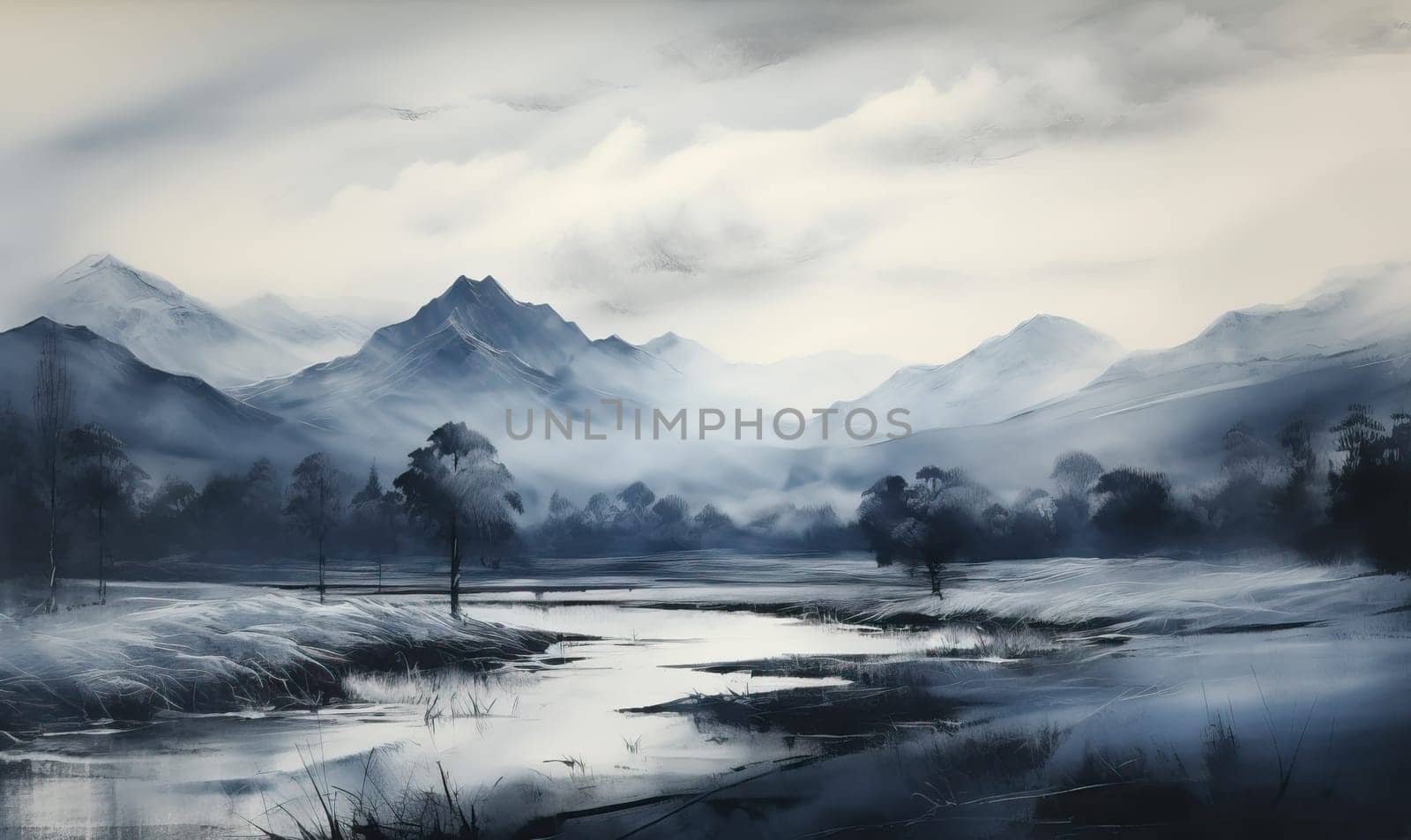 Charcoal sketch of a landscape with a mountain range. Selective soft focus.