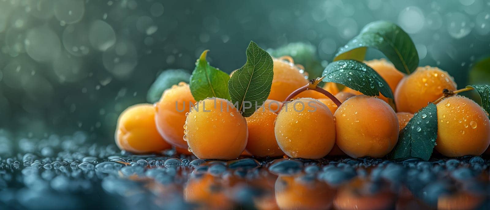 Ripe apricots on the table on a green background. Selective focus.