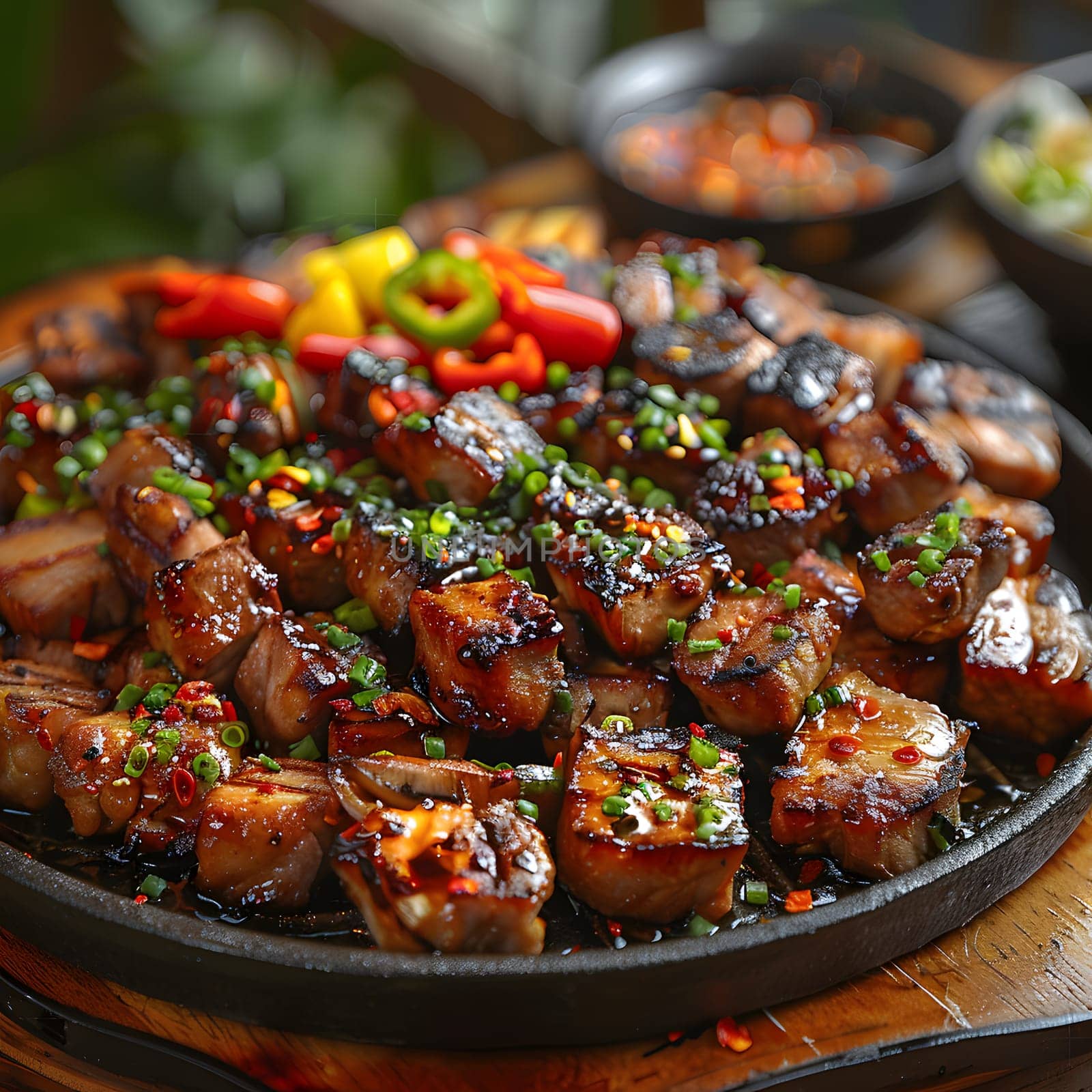 A delicious plate of finger food featuring grilled meat and peppers on a rustic wooden table, perfect for a flavorful and savory dish in any cuisine