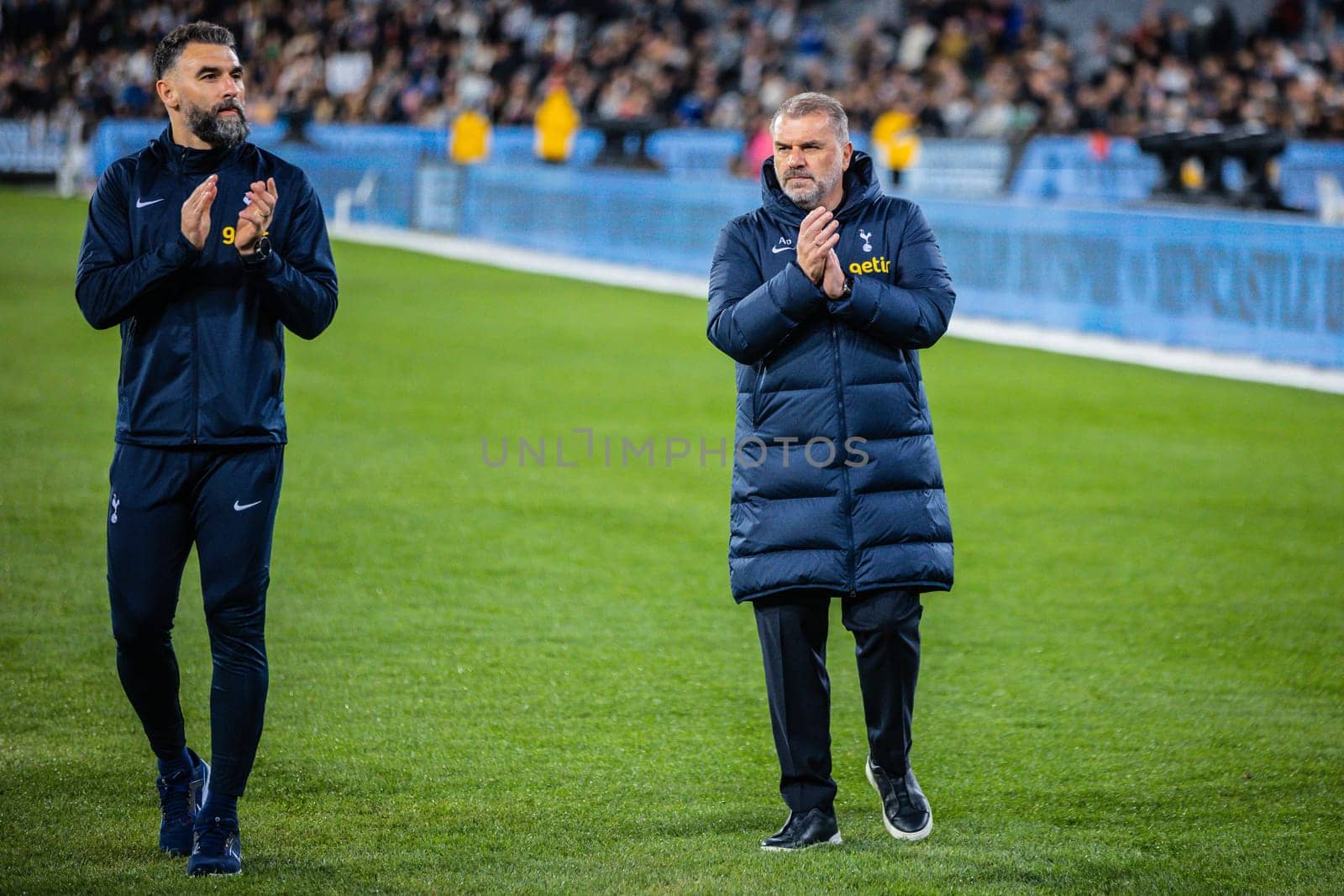 MELBOURNE, AUSTRALIA - MAY 22: Mile Jedinak and Ange Postecoglou of Tottenham Hotspur after losing to Newcastle United during the Global Football Week at The Melbourne Cricket Ground on May 22, 2024 in Melbourne, Australia