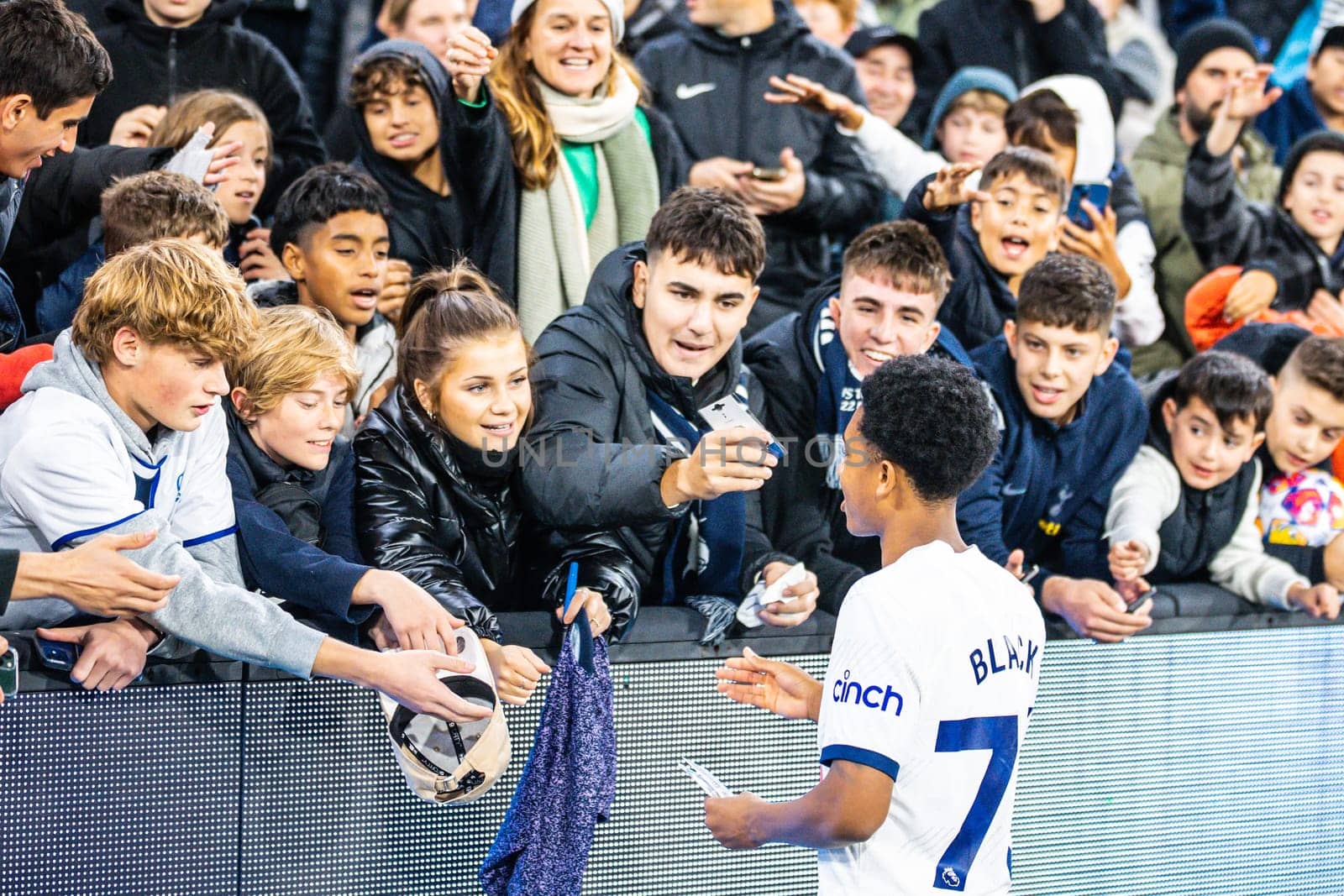 MELBOURNE, AUSTRALIA - MAY 22: Leo Black of Tottenham Hotspur meets fans after Newcastle United beat Tottenham Hotspur on penalties during the Global Football Week at The Melbourne Cricket Ground on May 22, 2024 in Melbourne, Australia
