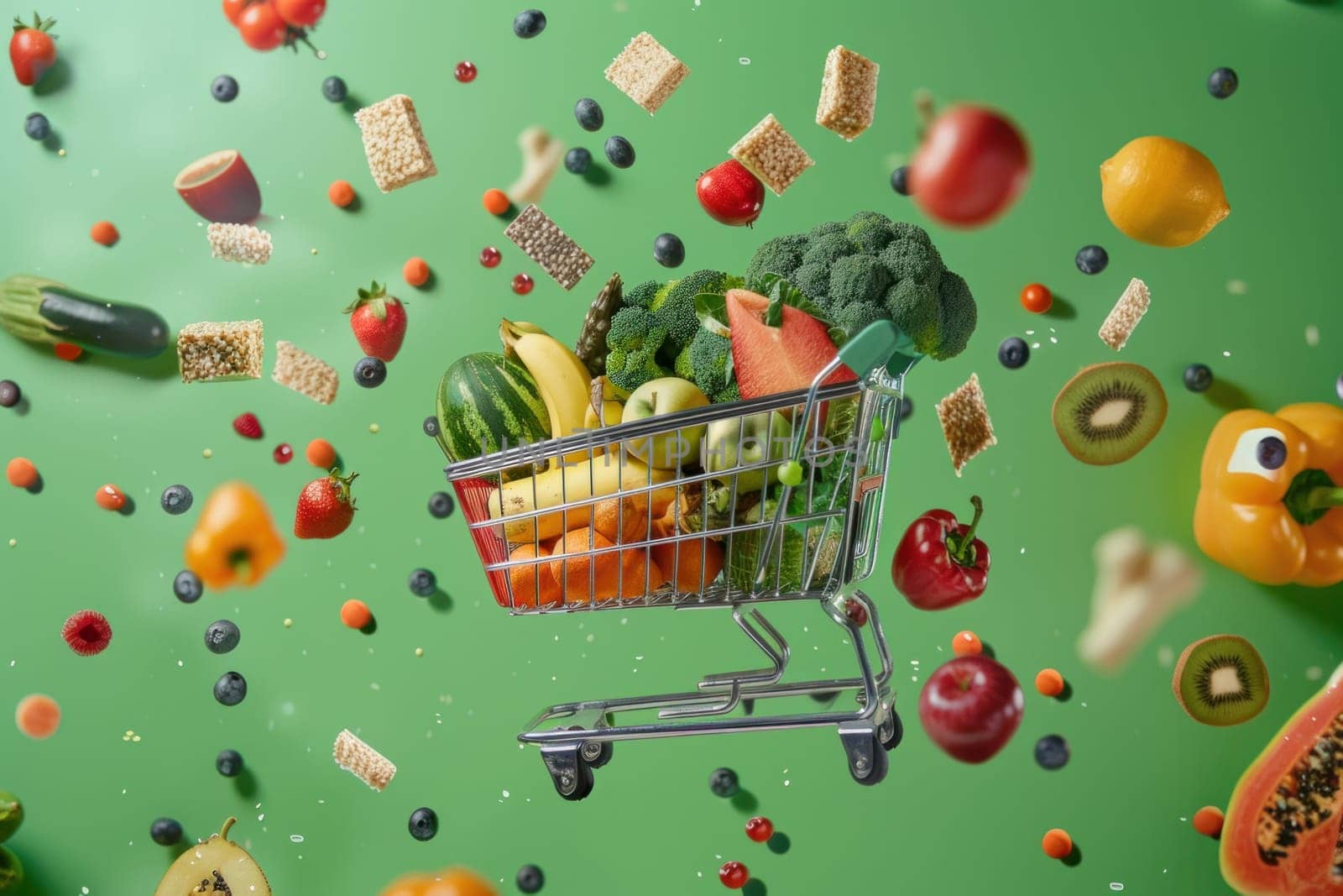 A shopping cart filled with fruits and vegetables is flying through the air. The cart is surrounded by a variety of fruits and vegetables, including bananas, apples, oranges, and broccoli
