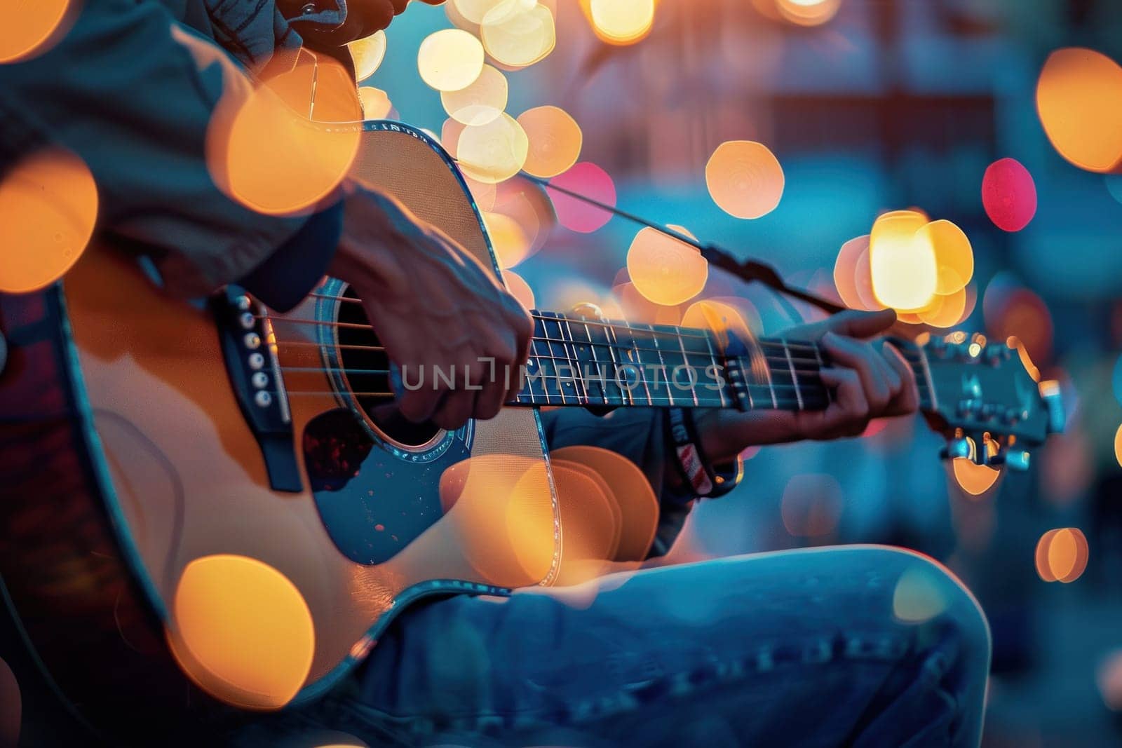 A man is playing a guitar in a city street. The lights in the background create a warm and inviting atmosphere