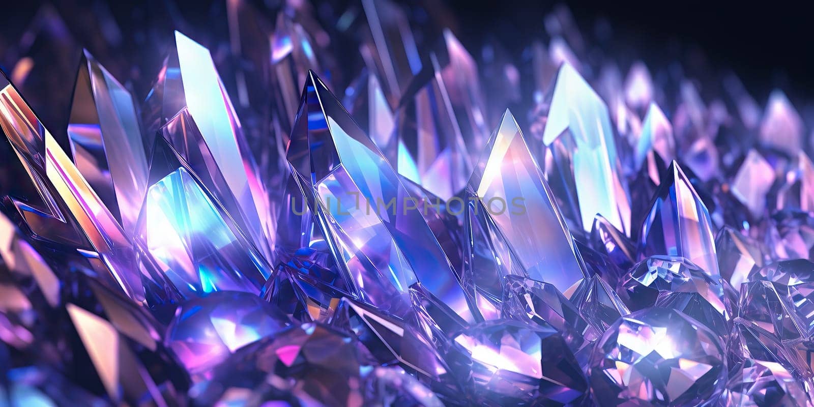 Holographic background with realistic crystal shards. Rainbow reflexes in pink and purple color. Abstract trendy pattern. Texture with magical effect. by Artsiom