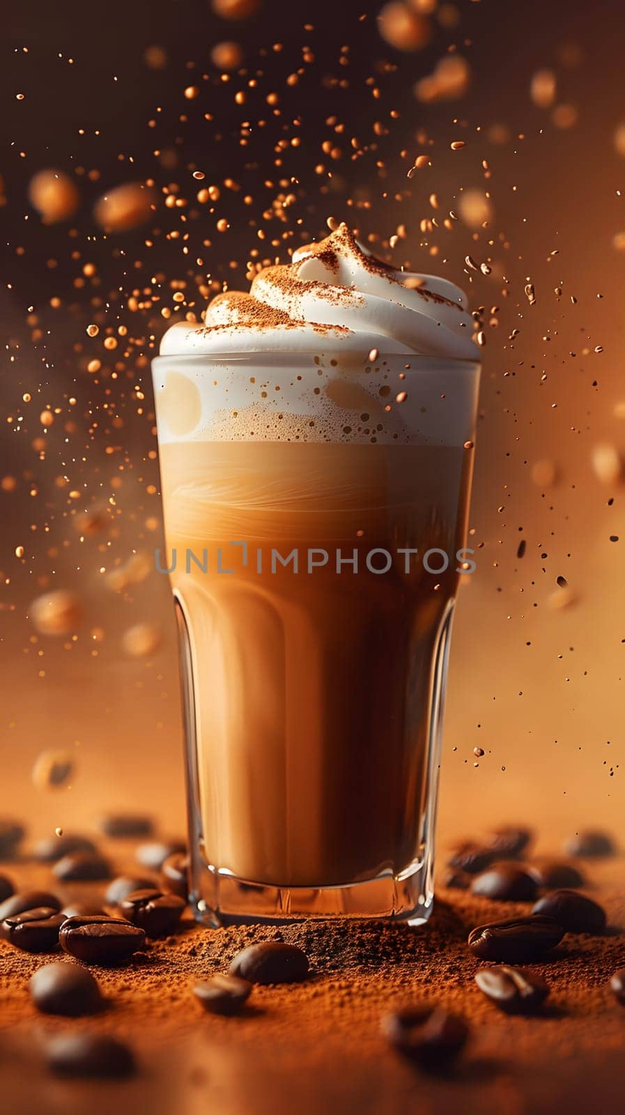 A cup of cappuccino with whipped cream and coffee beans on a table, a delicious liquid beverage made with coffee as the main ingredient