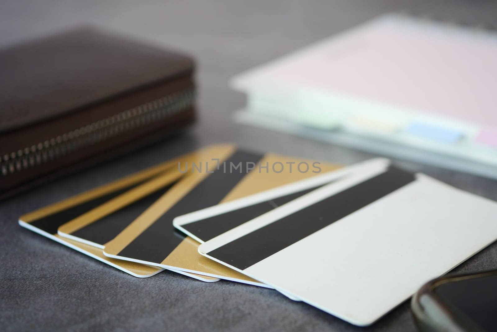 selective focus. close up of credit cards on wooden background .