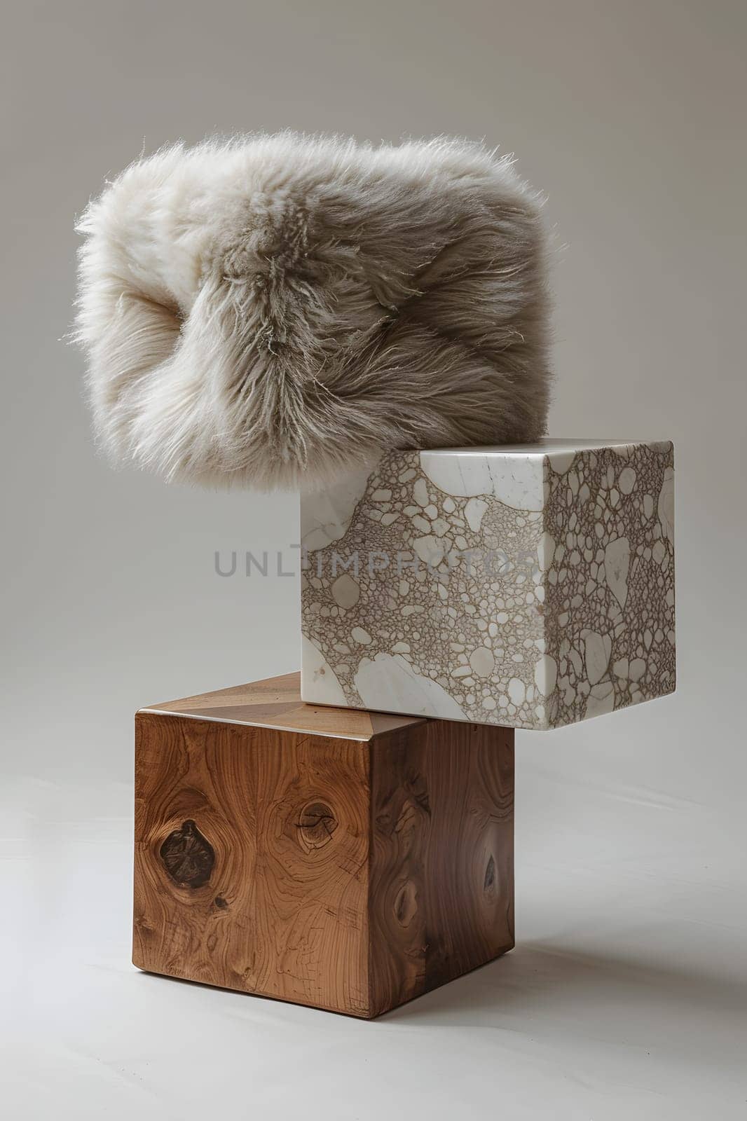 A fur hat is displayed on top of two wooden blocks on a hardwood shelf, showcasing the natural material and artistry of the wood stain