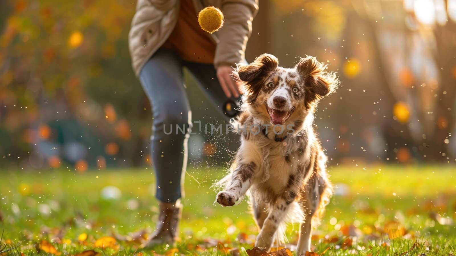 A person playing with their happy dog in a park, Friendship between owner and pet.