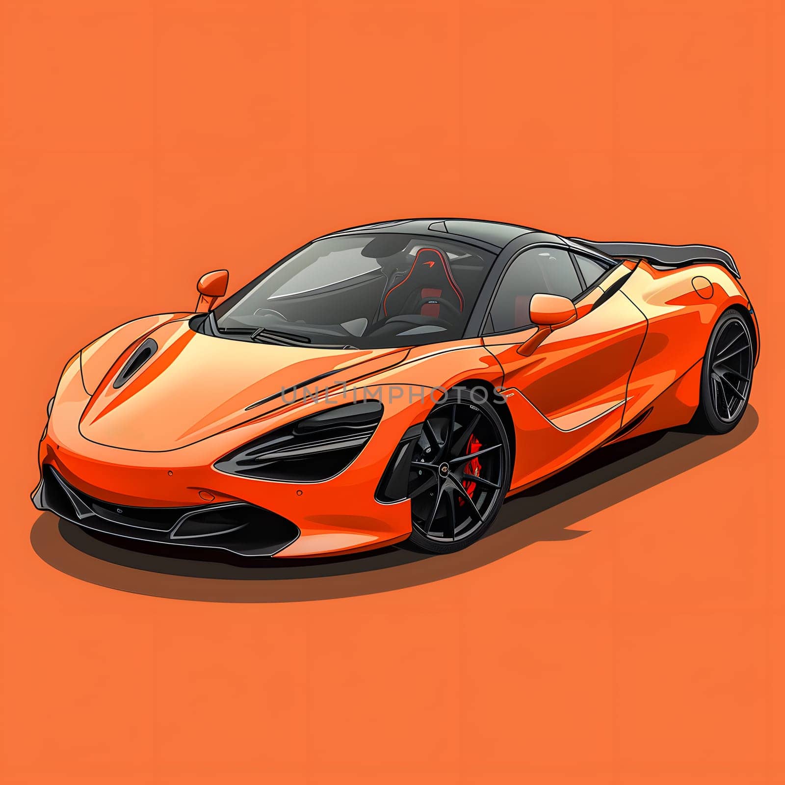 A vibrant orange sports car displayed on a matching orange background, showcasing its sleek design and shining automotive lighting elements like tires, wheels, hood, and parking lights
