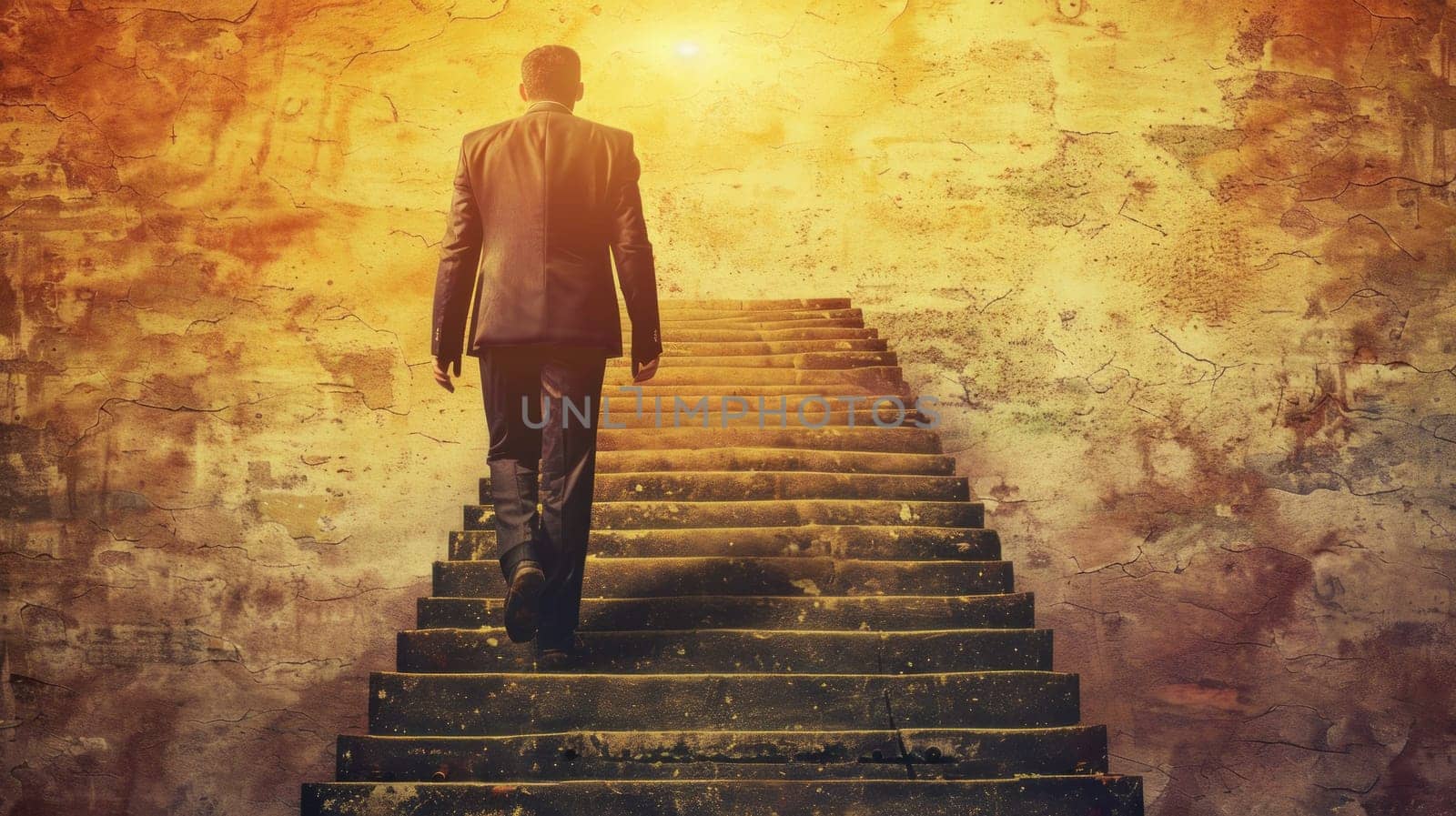 A man is walking up a set of stairs. The image has a sense of determination and purpose, as the man is focused on reaching the top of the stairs