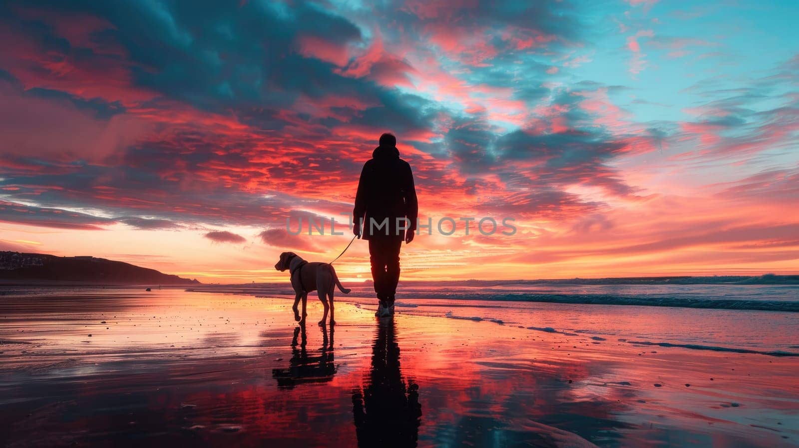 A person walking their dog along a beach at sunset, both silhouetted against the colorful sky.