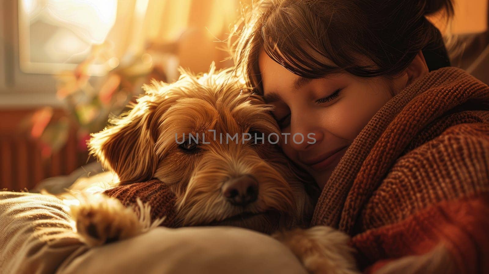 A person sitting on a couch lovingly hugging their dog, Both smiling and enjoying a peaceful moment together, Capturing the essence of companionship.