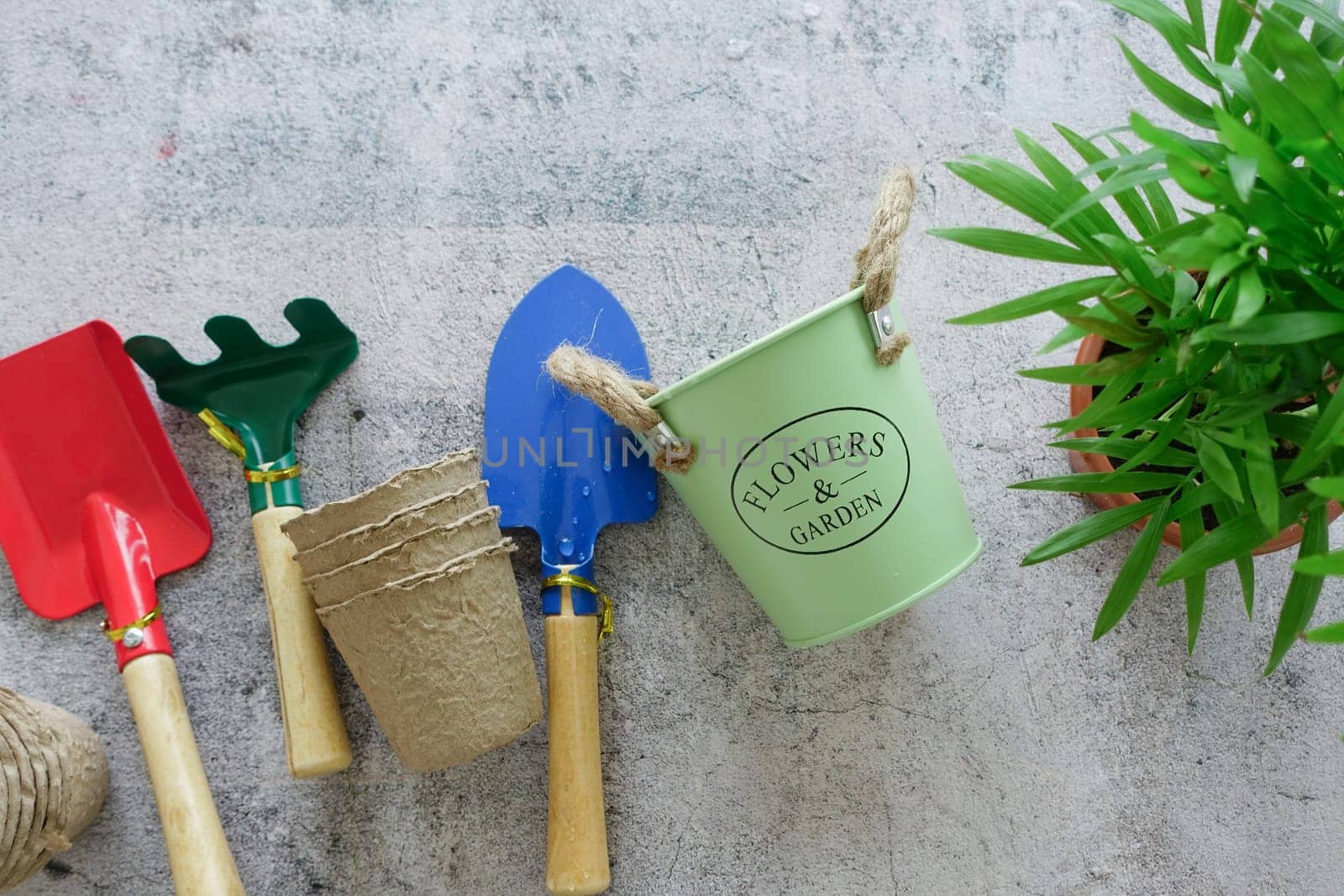 Gardening tools and flower pots with plants on a table .