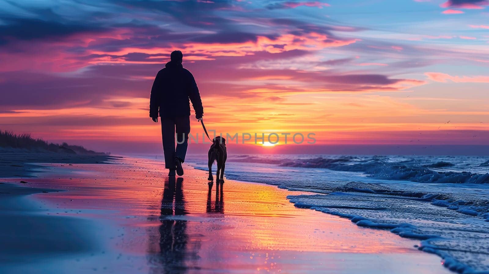 A person walking their dog along a beach at sunset, both silhouetted against the colorful sky.