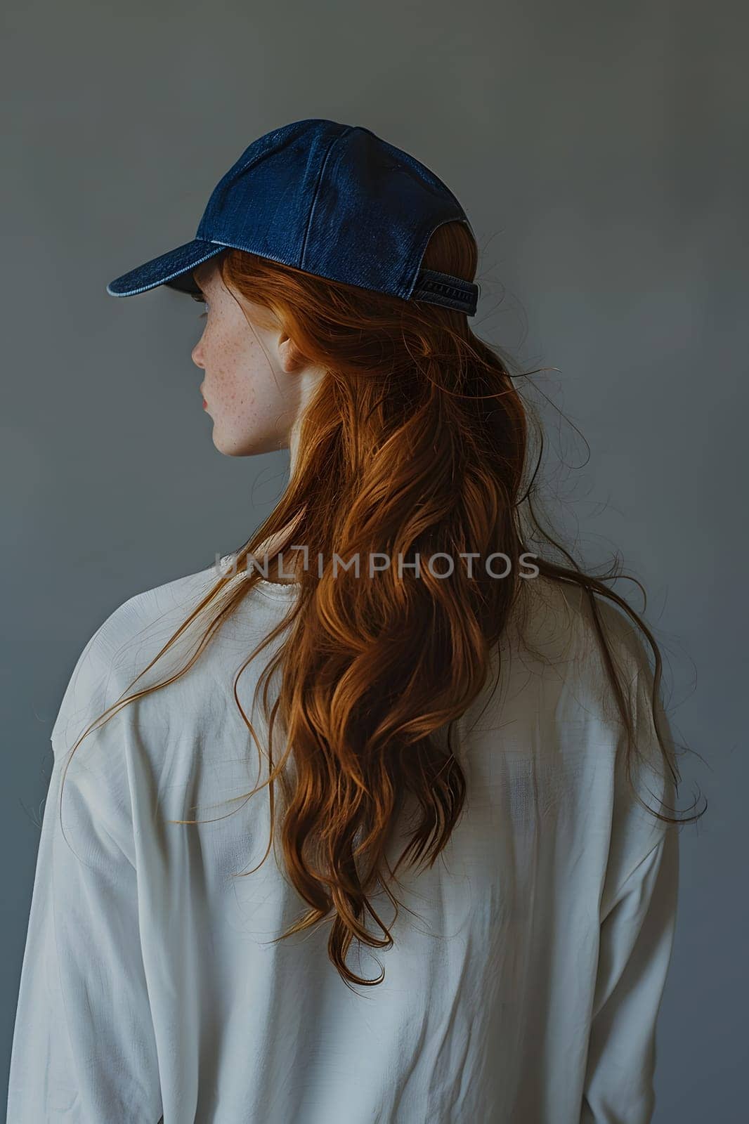 The woman, with her long red hair, is stylishly dressed in a white shirt and blue baseball cap, complemented by trendy eyewear