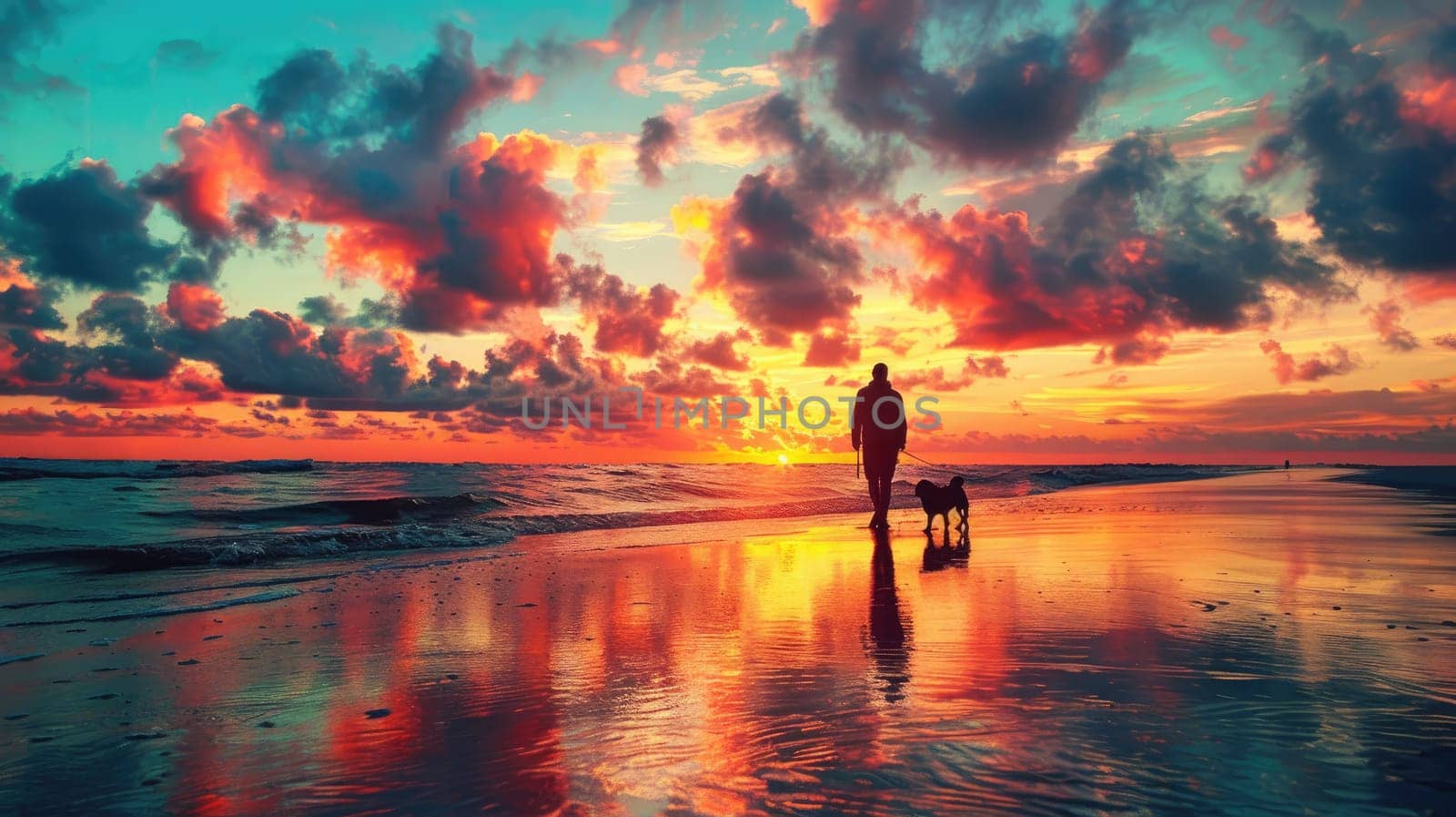 A person walking their dog along a beach at sunset, both silhouetted against the colorful sky.