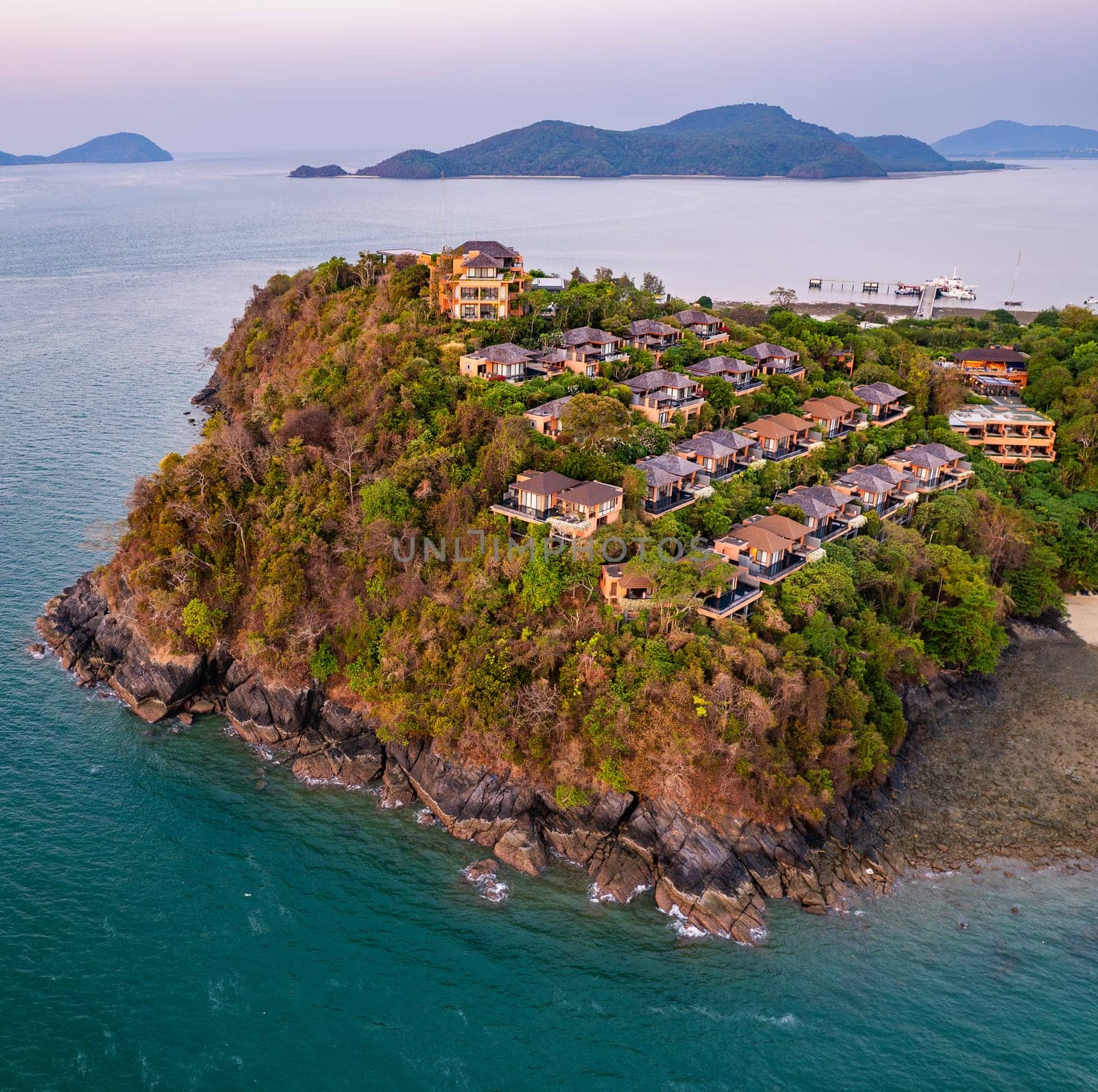 View of resort in Panwa beach at sunset, in Phuket, Thailand, south east Asia