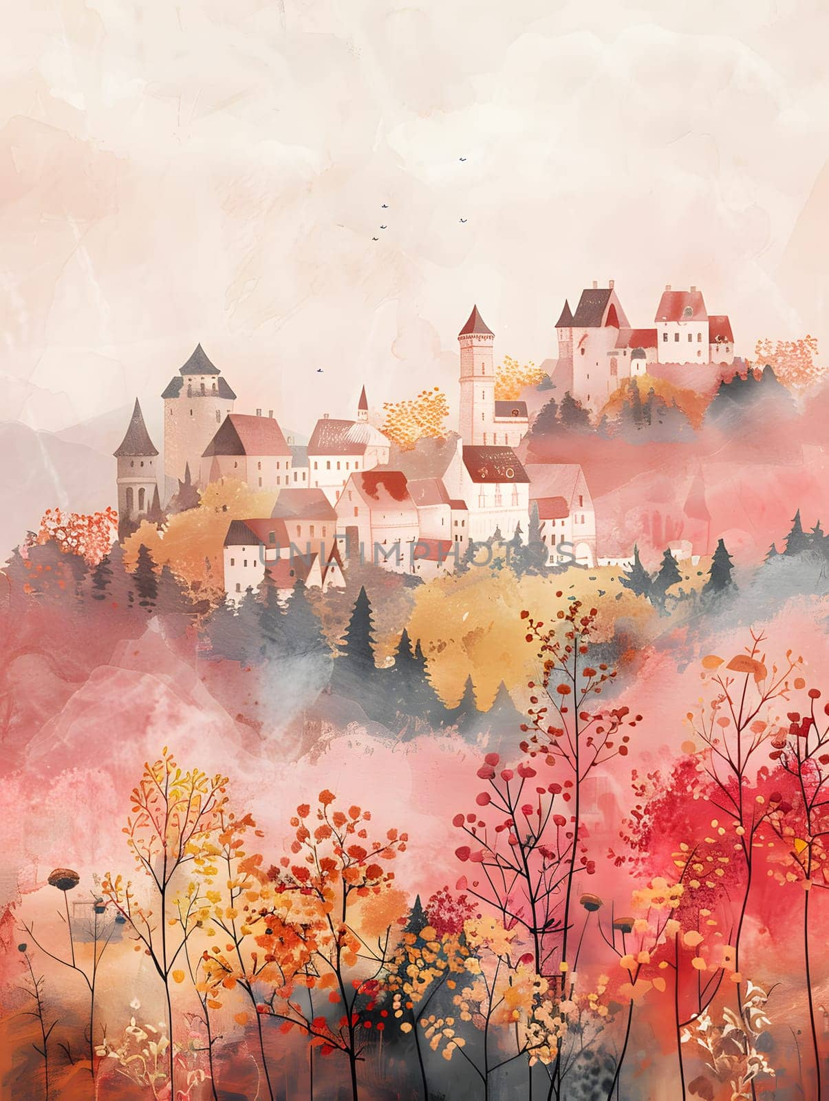 A captivating watercolor painting of a castle perched atop a hill surrounded by lush trees, under a dreamy sky with fluffy clouds, showcasing the beauty of nature and architecture in art