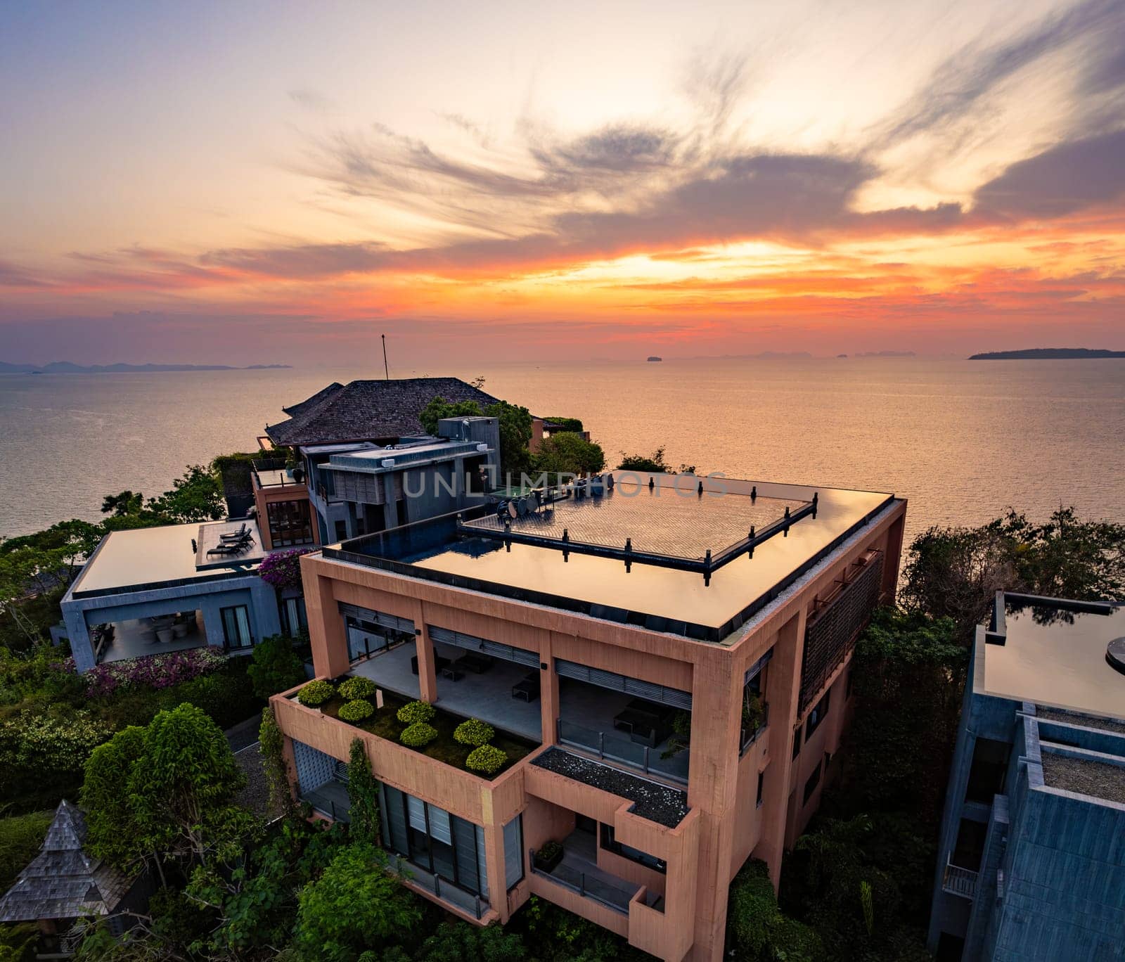 View of resort in Panwa beach at sunset, in Phuket, Thailand, south east Asia
