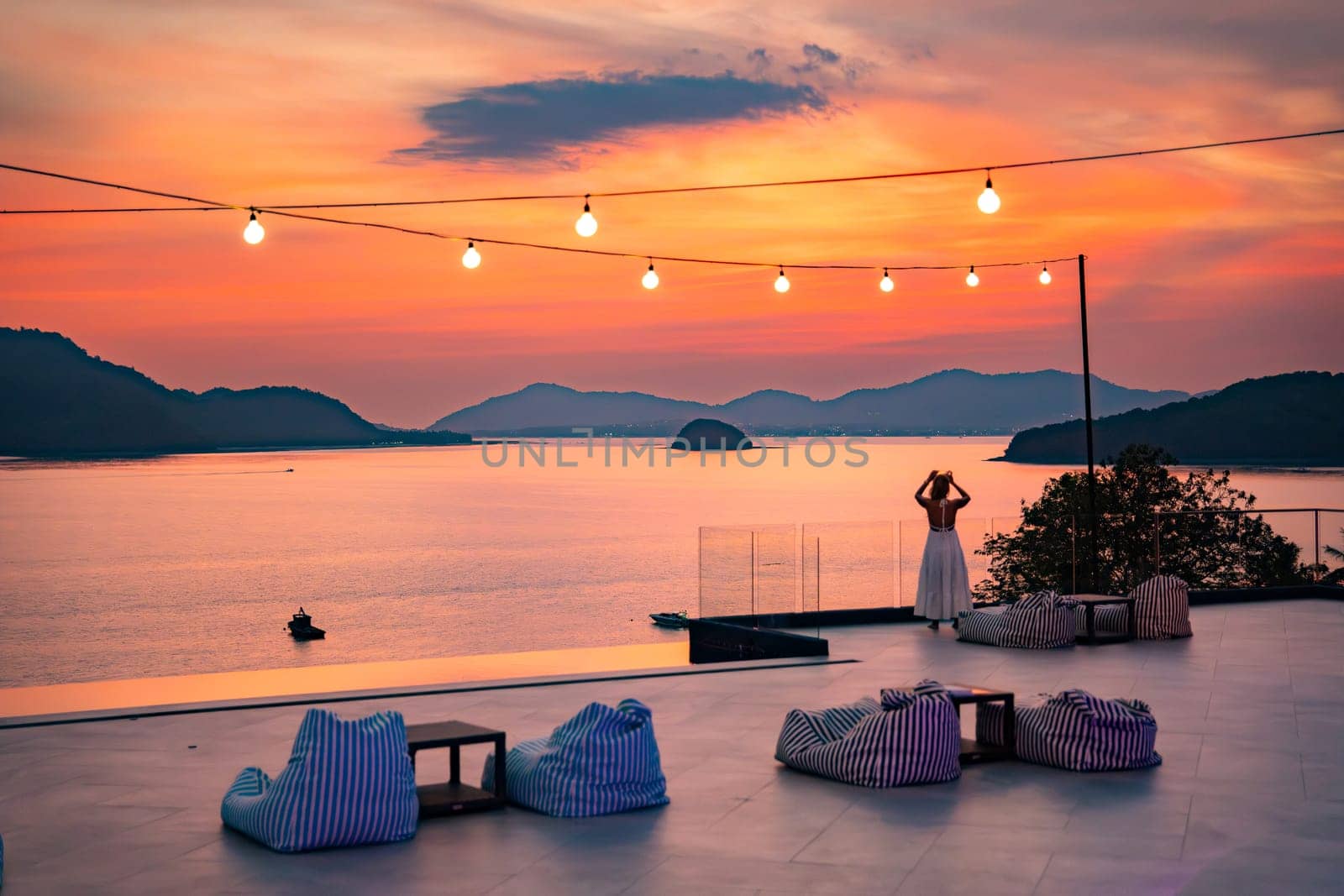 View of rooftop bar in Panwa beach at sunset, in Phuket, Thailand, south east Asia