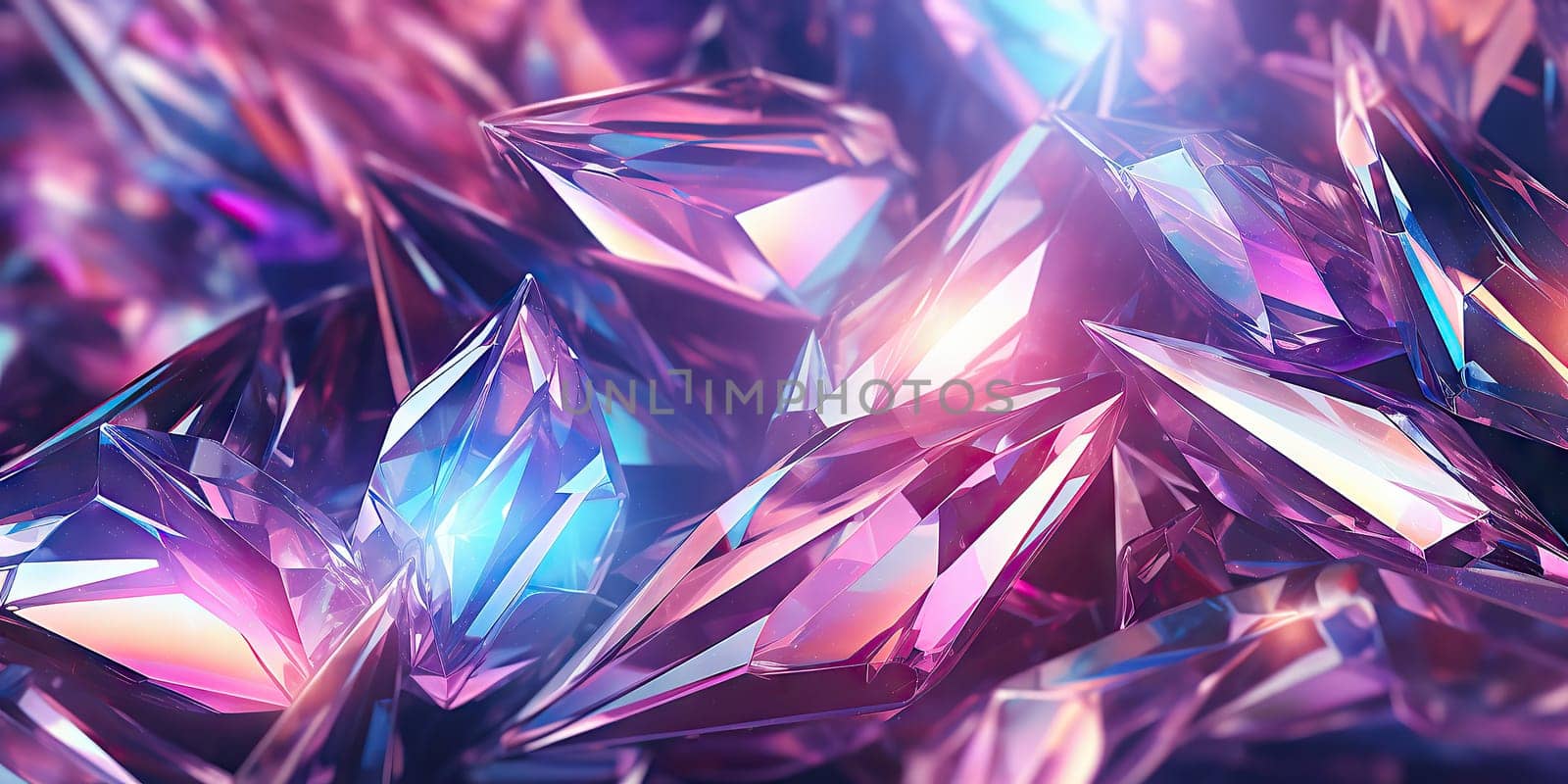 Holographic background with realistic crystal shards. Rainbow reflexes in pink and purple color. Abstract trendy pattern. Texture with magical effect