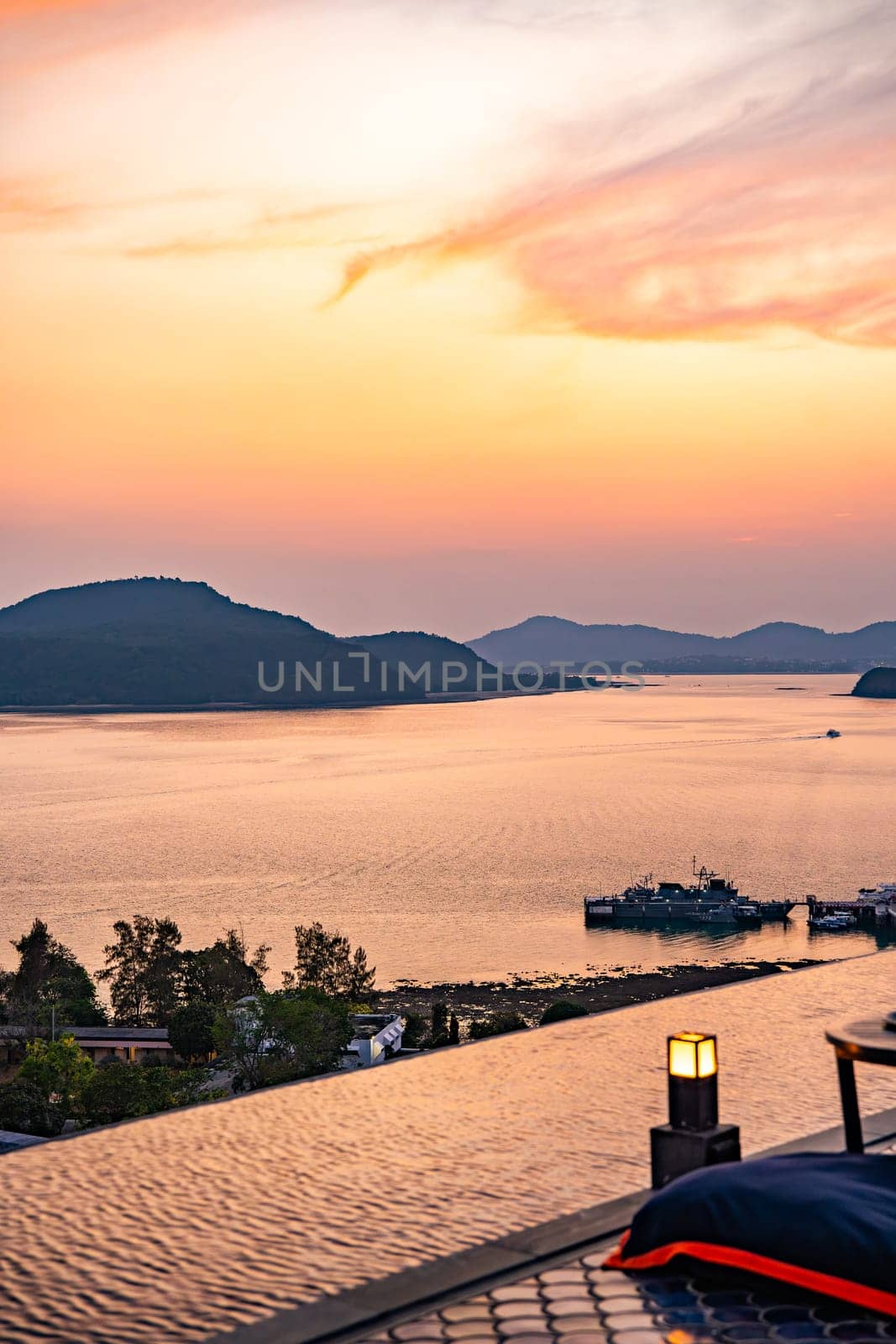 View of rooftop bar in Panwa beach at sunset, in Phuket, Thailand, south east Asia