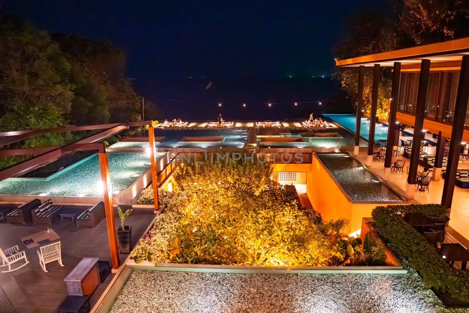 View of resort in Panwa beach at sunset, in Phuket, Thailand, south east Asia