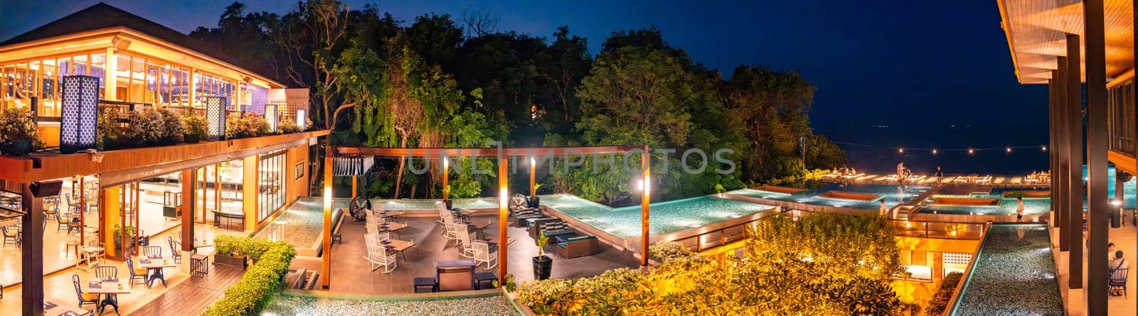 View of resort in Panwa beach at sunset, in Phuket, Thailand, south east Asia