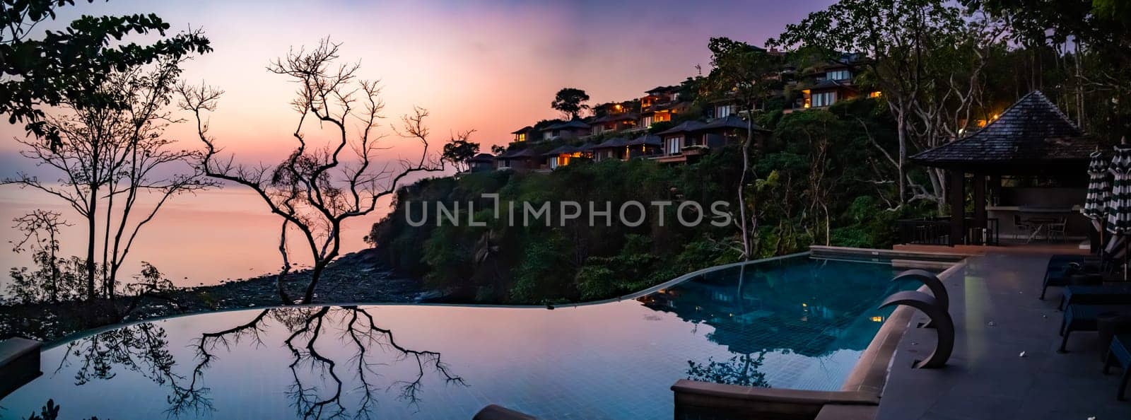 View of resort in Panwa beach at sunset, in Phuket, Thailand, south east Asia