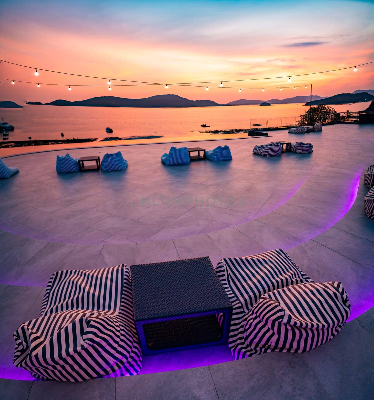 View of rooftop bar in Panwa beach at sunset, in Phuket, Thailand, south east Asia