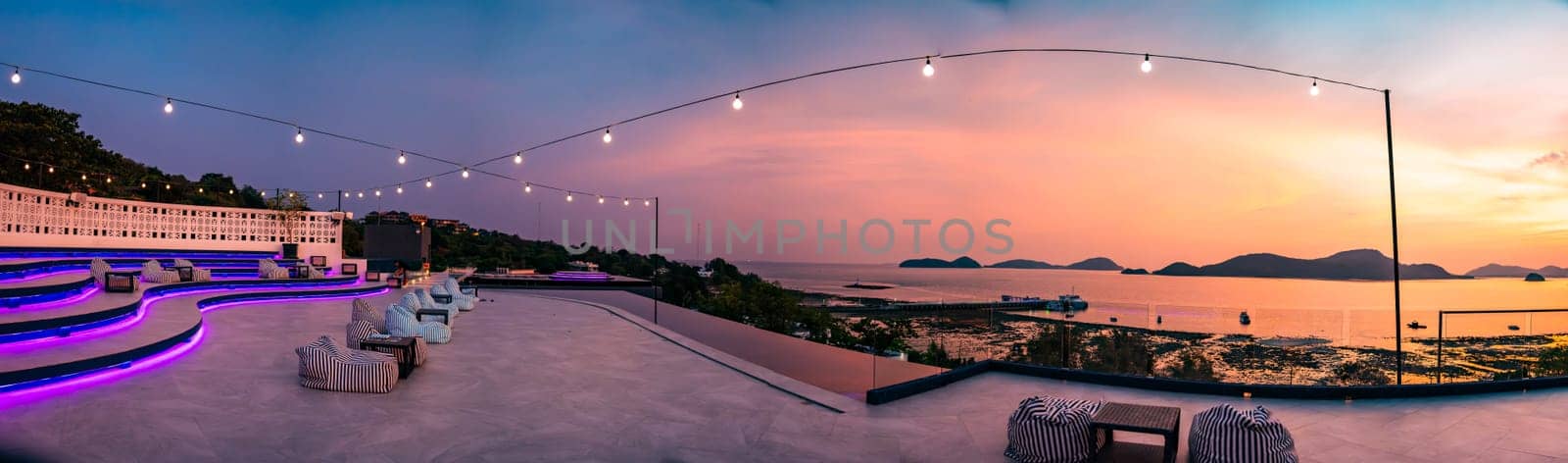 View of rooftop bar in Panwa beach at sunset, in Phuket, Thailand, south east Asia