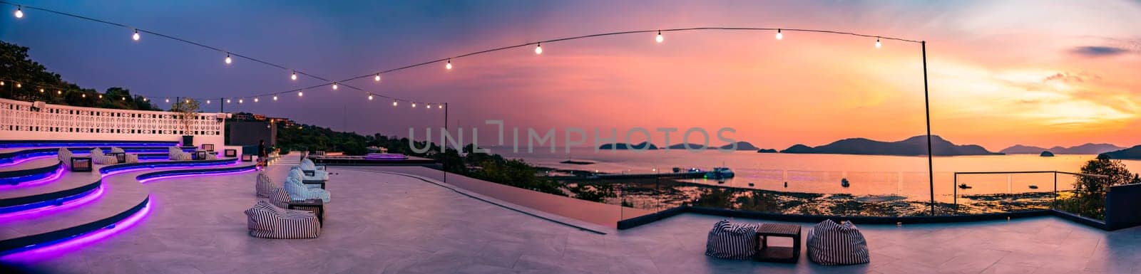 View of rooftop bar in Panwa beach at sunset, in Phuket, Thailand, south east Asia