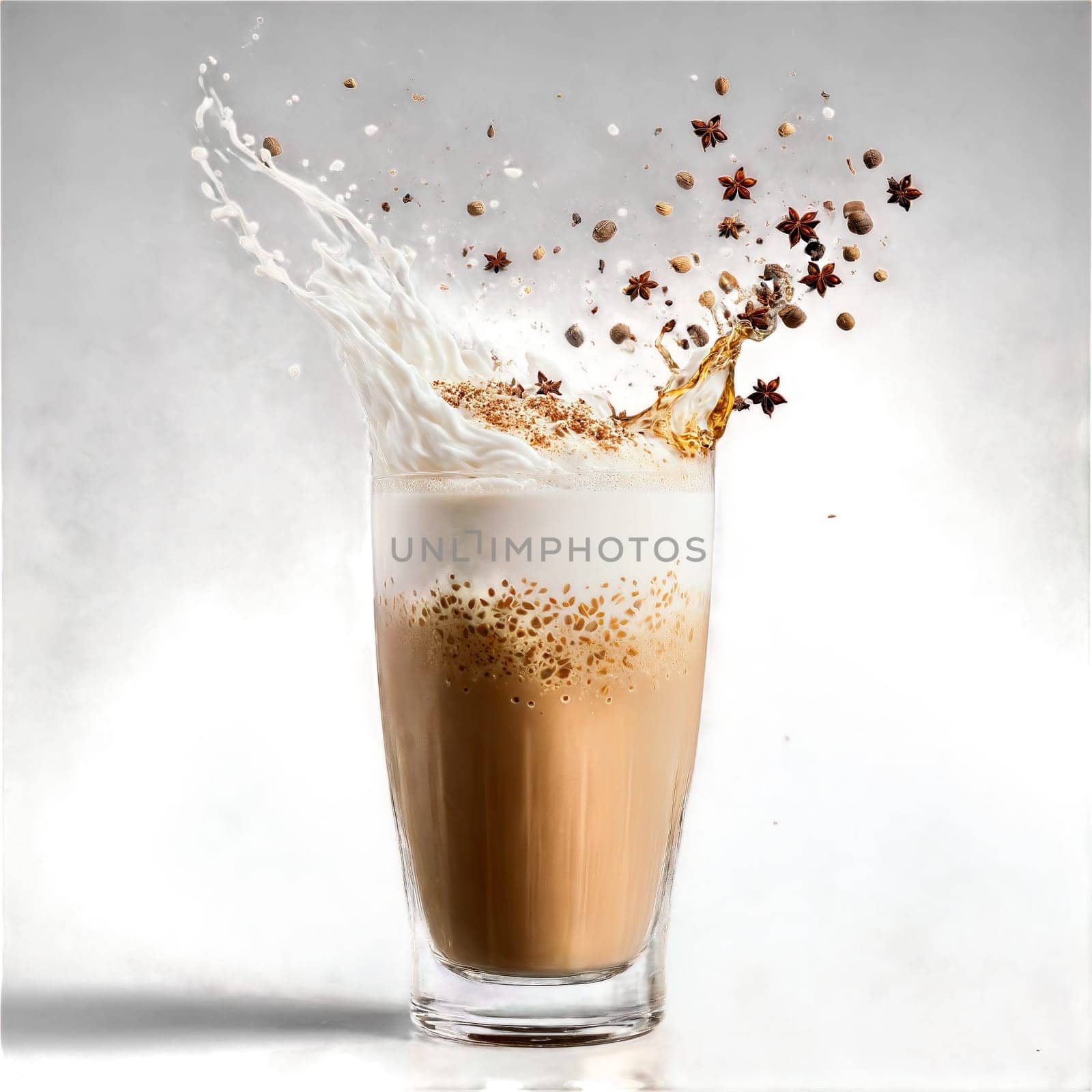 Chai latte with tea leaves spices milk and ice cubes swirling in a glass with. Food isolated on transparent background.