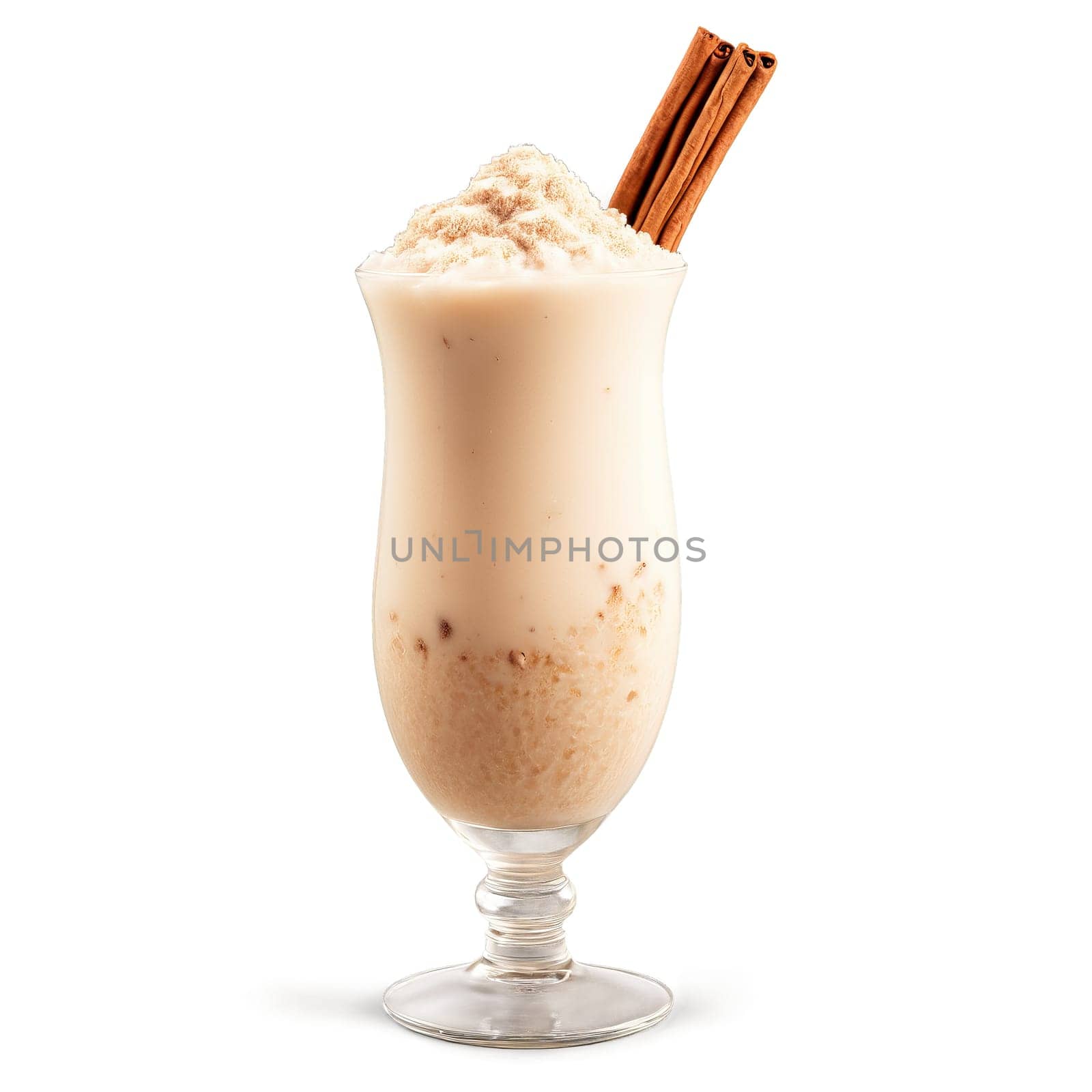 Iced horchata creamy and cinnamon spiced with rice milk and cinnamon powder splashing in. Food isolated on transparent background.