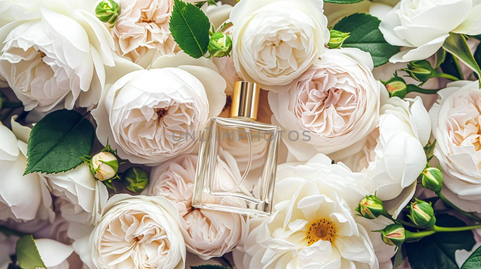 Perfume bottle in flowers, fragrance on blooming background, floral scent and cosmetic product idea