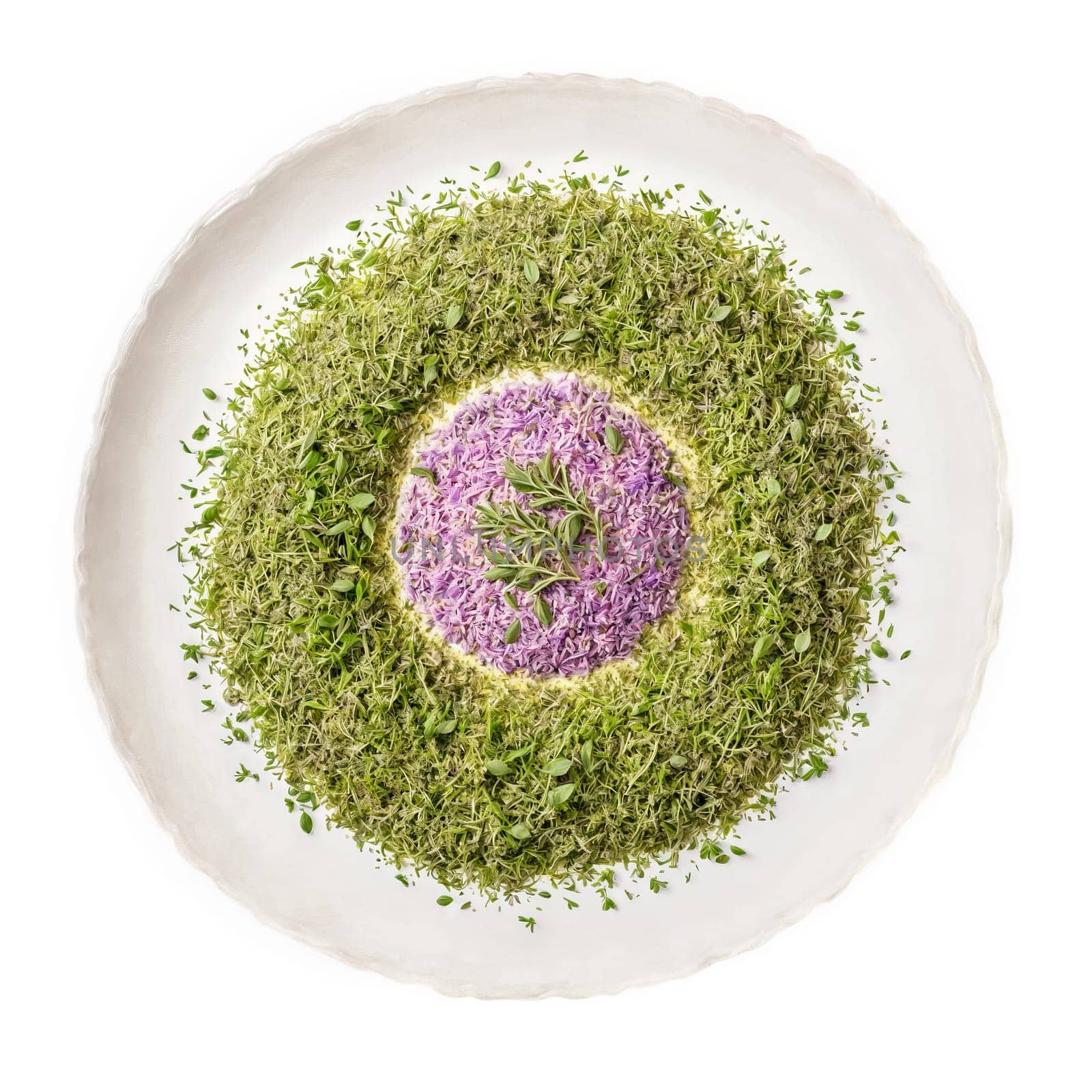Herbes de Provence spices mandala a circular pattern of thyme basil and oregano with steam. Food isolated on transparent background.