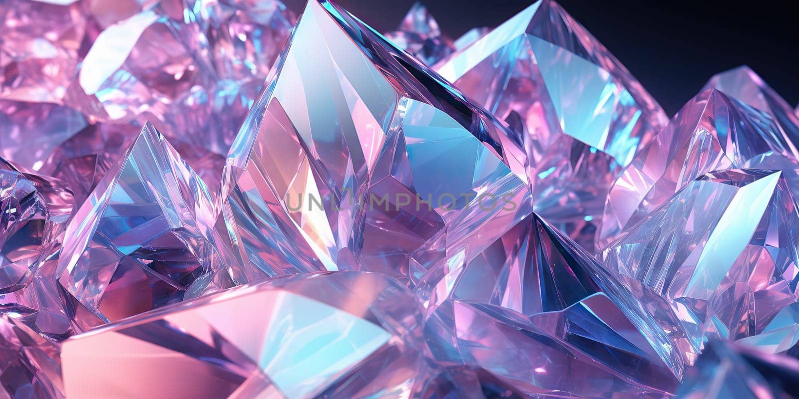 Holographic background with realistic crystal shards. Rainbow reflexes in pink and purple color. Abstract trendy pattern. Texture with magical effect. by Artsiom