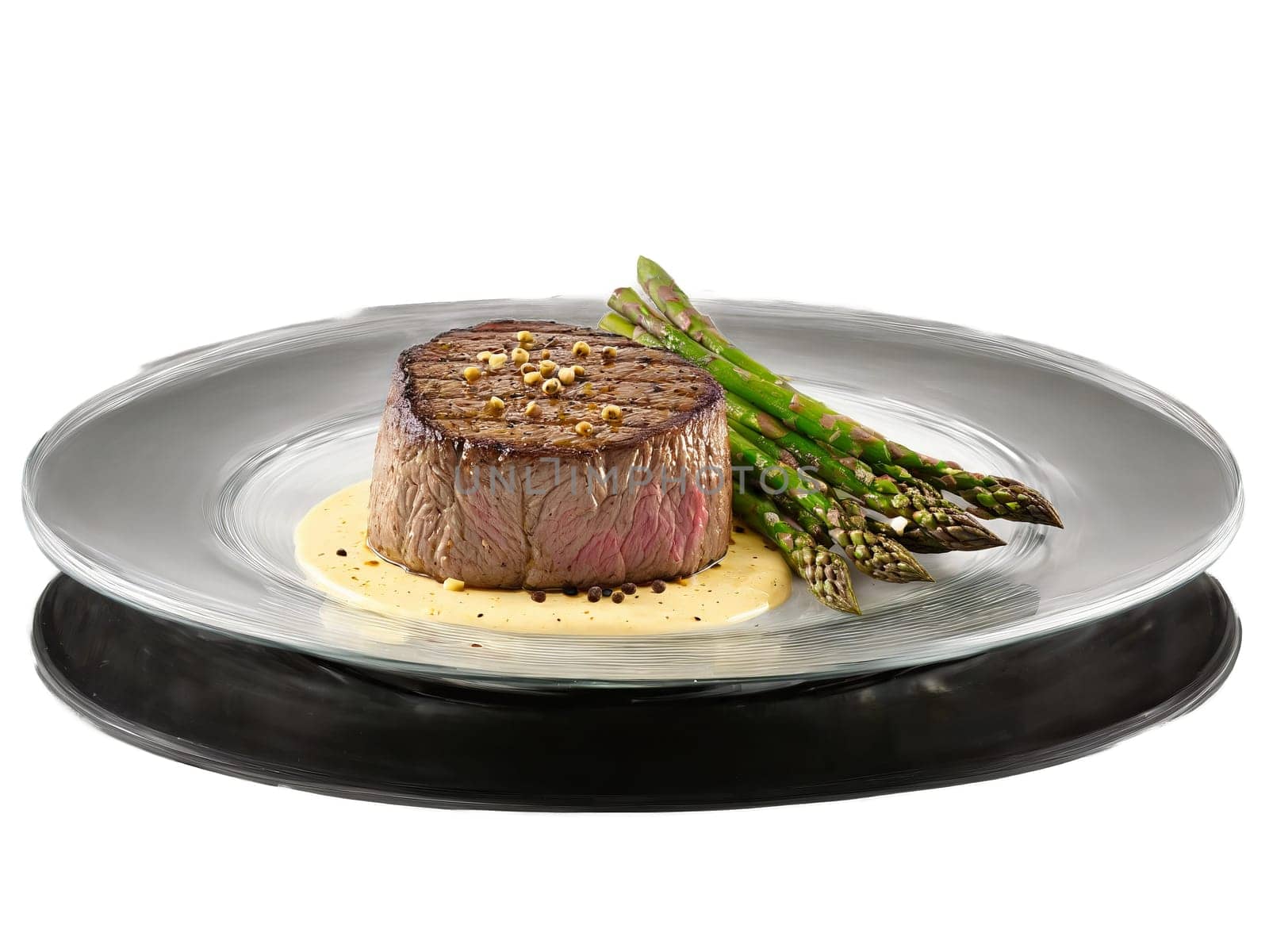 Filet Mignon with a peppercorn sauce and roasted asparagus served on a transparent glass plate. Food isolated on transparent background.