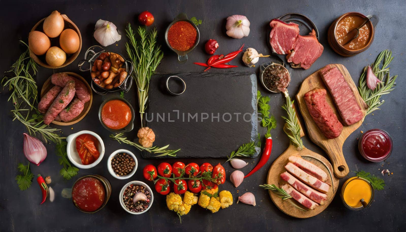 Copy Space image with top view of Barbecue menu. Grilled meat and vegetables on rustic wooden