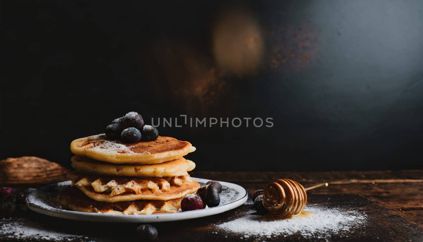  Belgian waffles with strawberries, blueberries and syrup on wooden table.