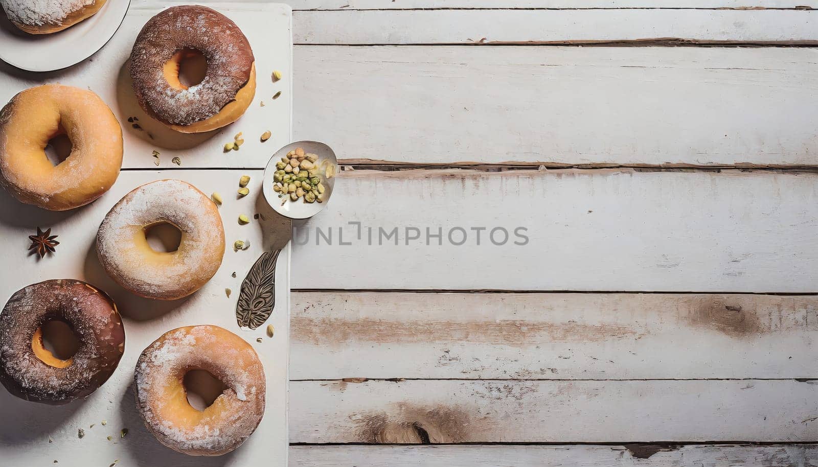 Variety of donuts over a rustic background shot from overhead 