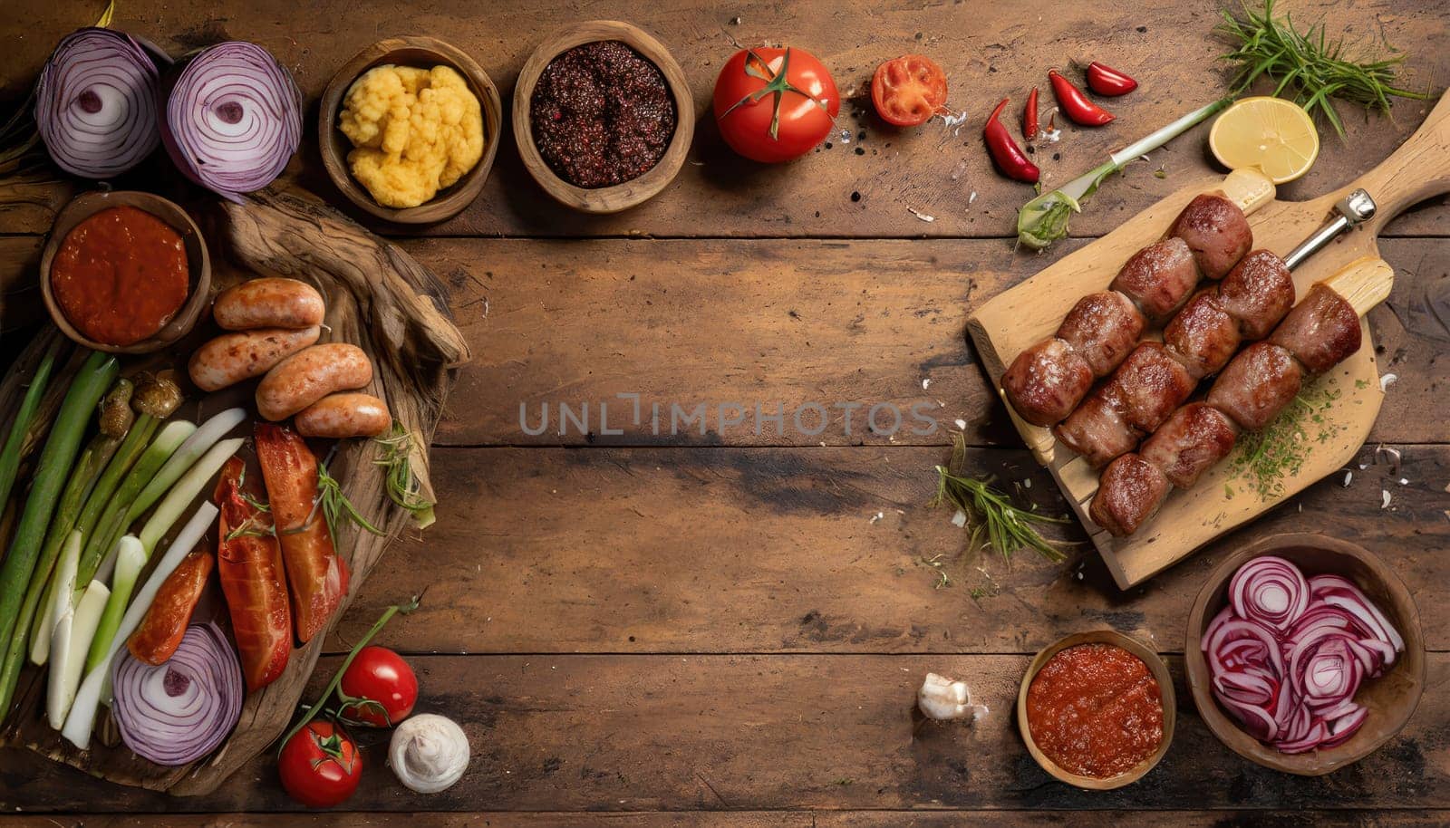 Copy Space image with top view of Barbecue menu. Grilled meat and vegetables on rustic wooden