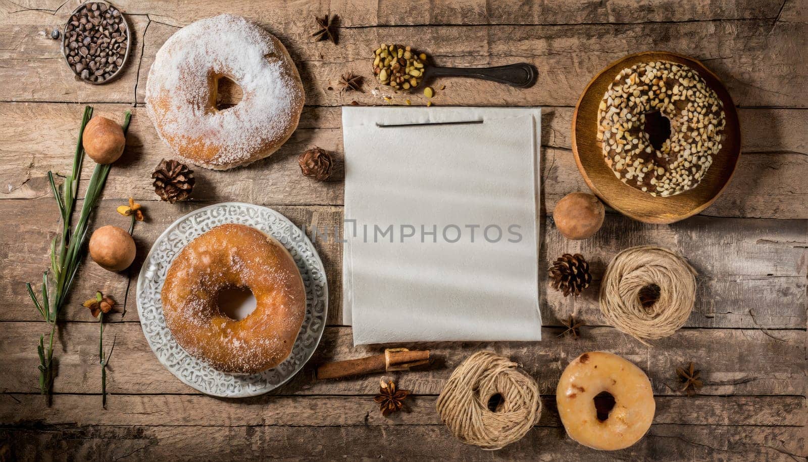 Variety of donuts over a rustic background shot from overhead 