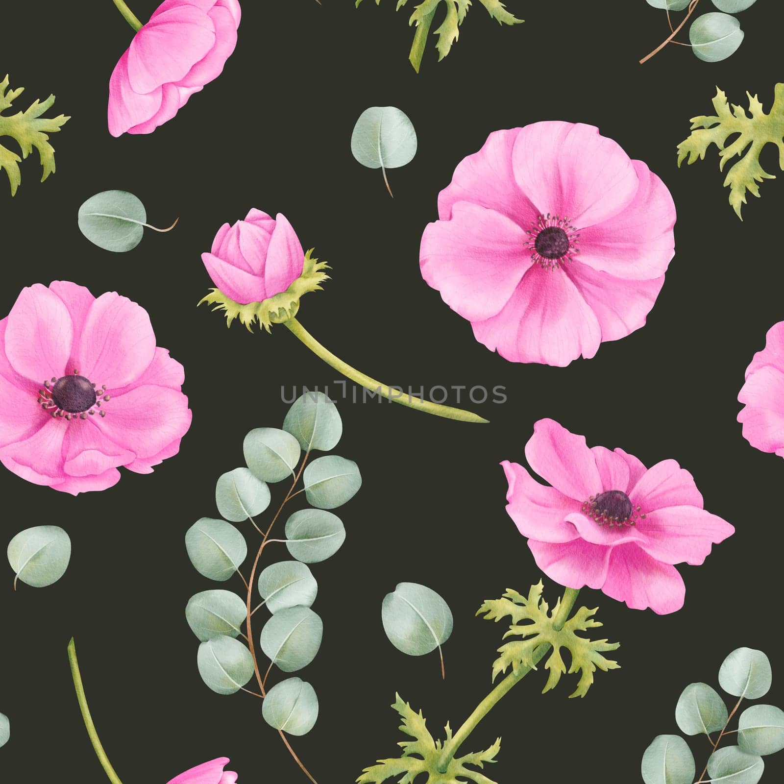 seamless pattern. watercolor anemone blooms in pink hues, accompanied by lush greenery and delicate eucalyptus leaves. for enhancing wallpapers, fabric prints, stationary items and packaging layouts.