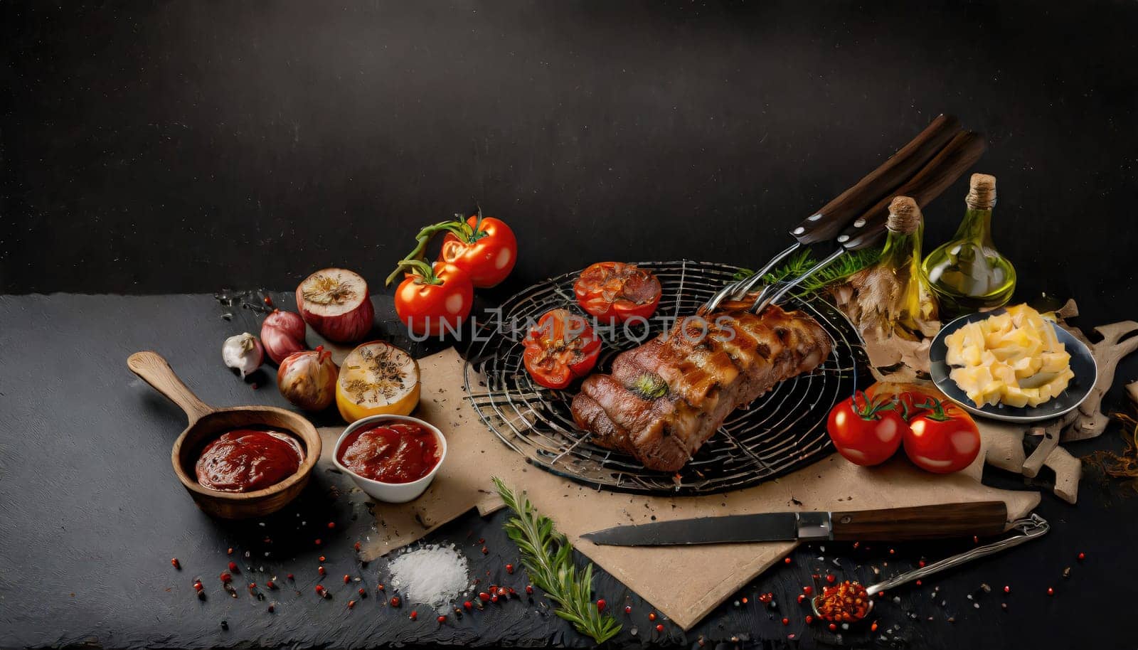 Copy Space image of steak new York beef breeds of black Angus with herbs, garlic and butter on a wooden